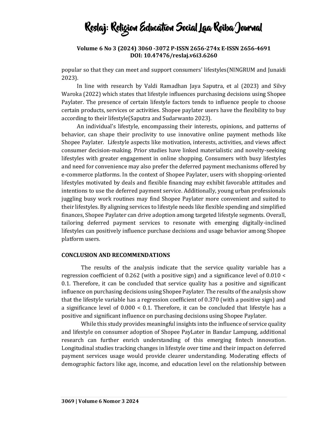 JURIS The Influence Of Service Quality and Lifestyle On Purchase Decisions Using Shopee Paylater In Bandar Lampung