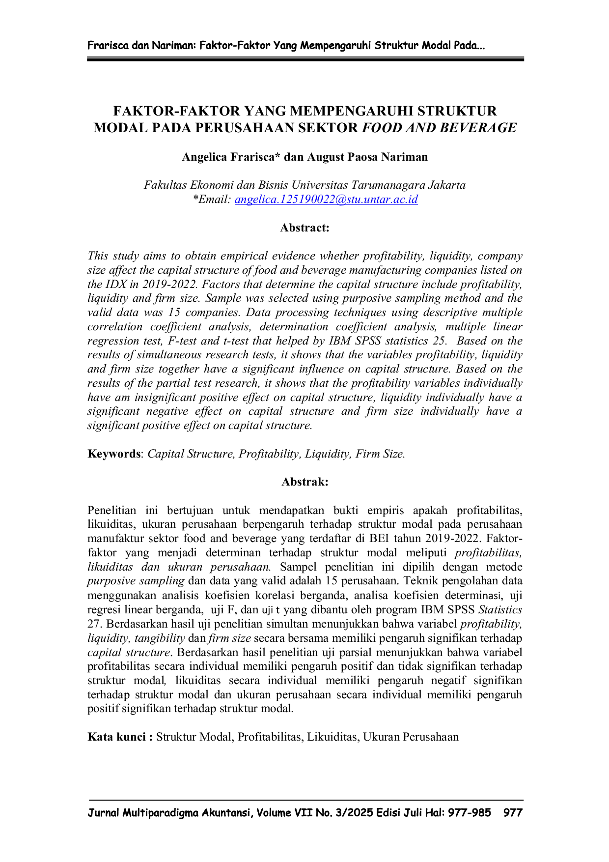JURIS Faktor Faktor Yang Mempengaruhi Struktur Modal Pada Perusahaan Sektor Food And Beverage
