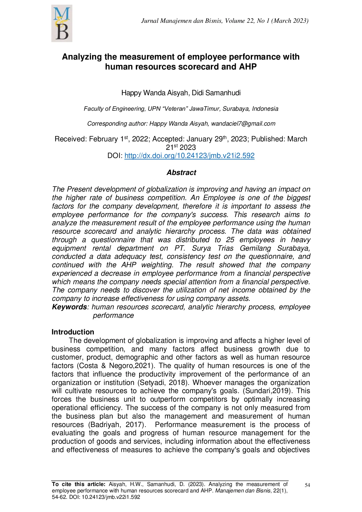 JURIS Analyzing the measurement of employee performance with human resources scorecard and AHP