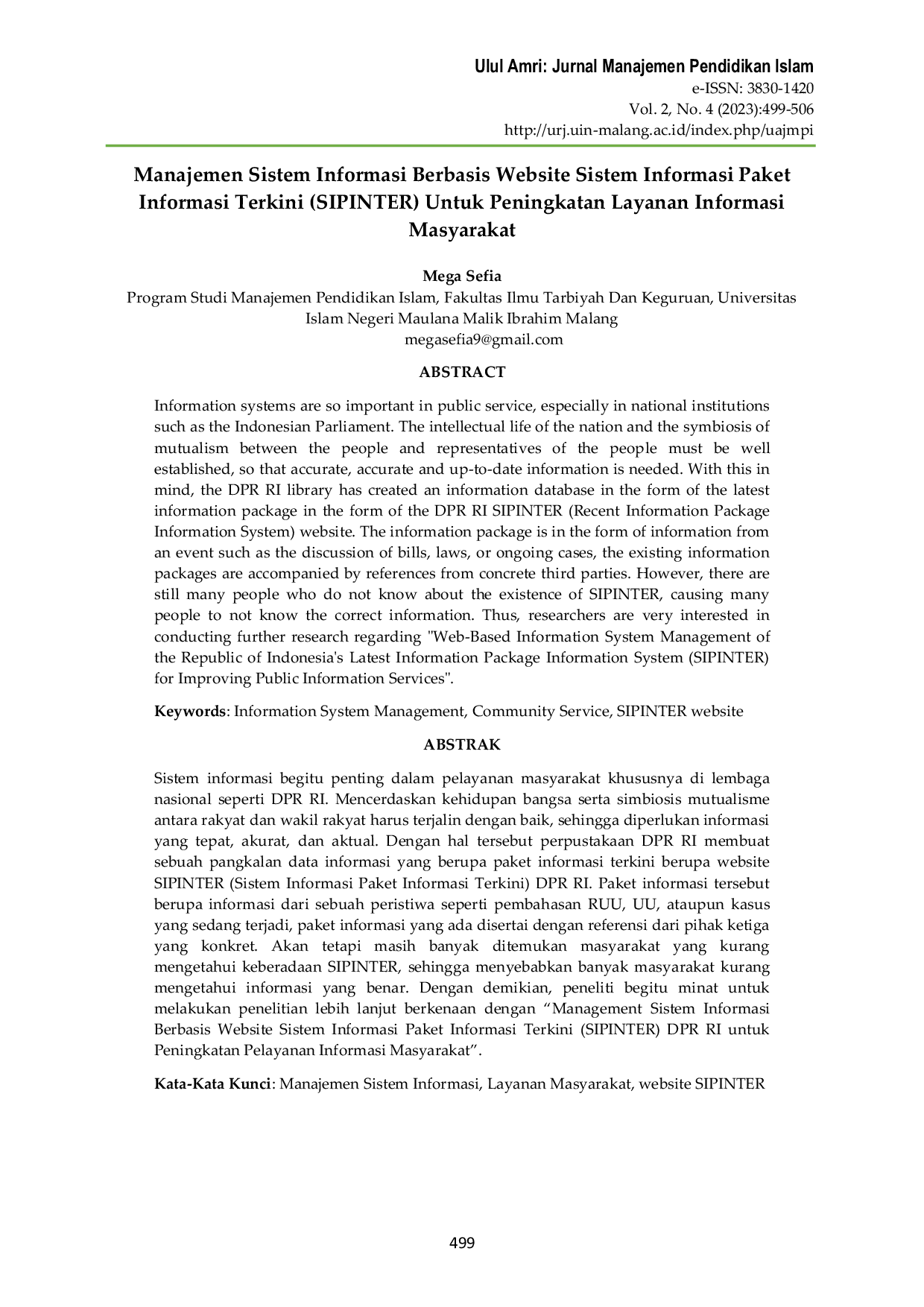 JURIS Manajemen Sistem Informasi Berbasis Website Sistem Informasi Paket Informasi Terkini SIPINTER Untuk Peningkatan Layanan Informasi Masyarakat