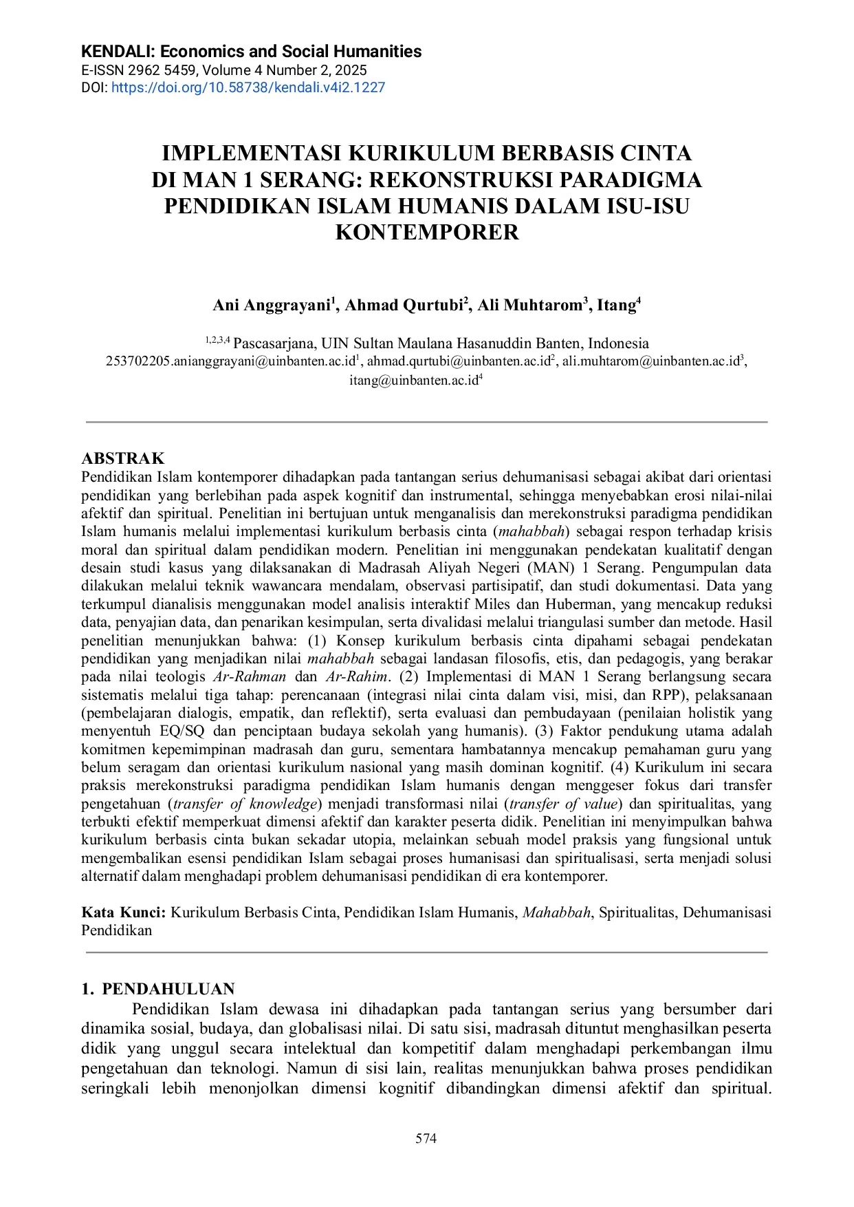 JURIS Implementasi Kurikulum Berbasis Cinta Di Man 1 Serang Rekonstruksi Paradigma Pendidikan Islam Humanis Dalam Isu Isu Kontemporer