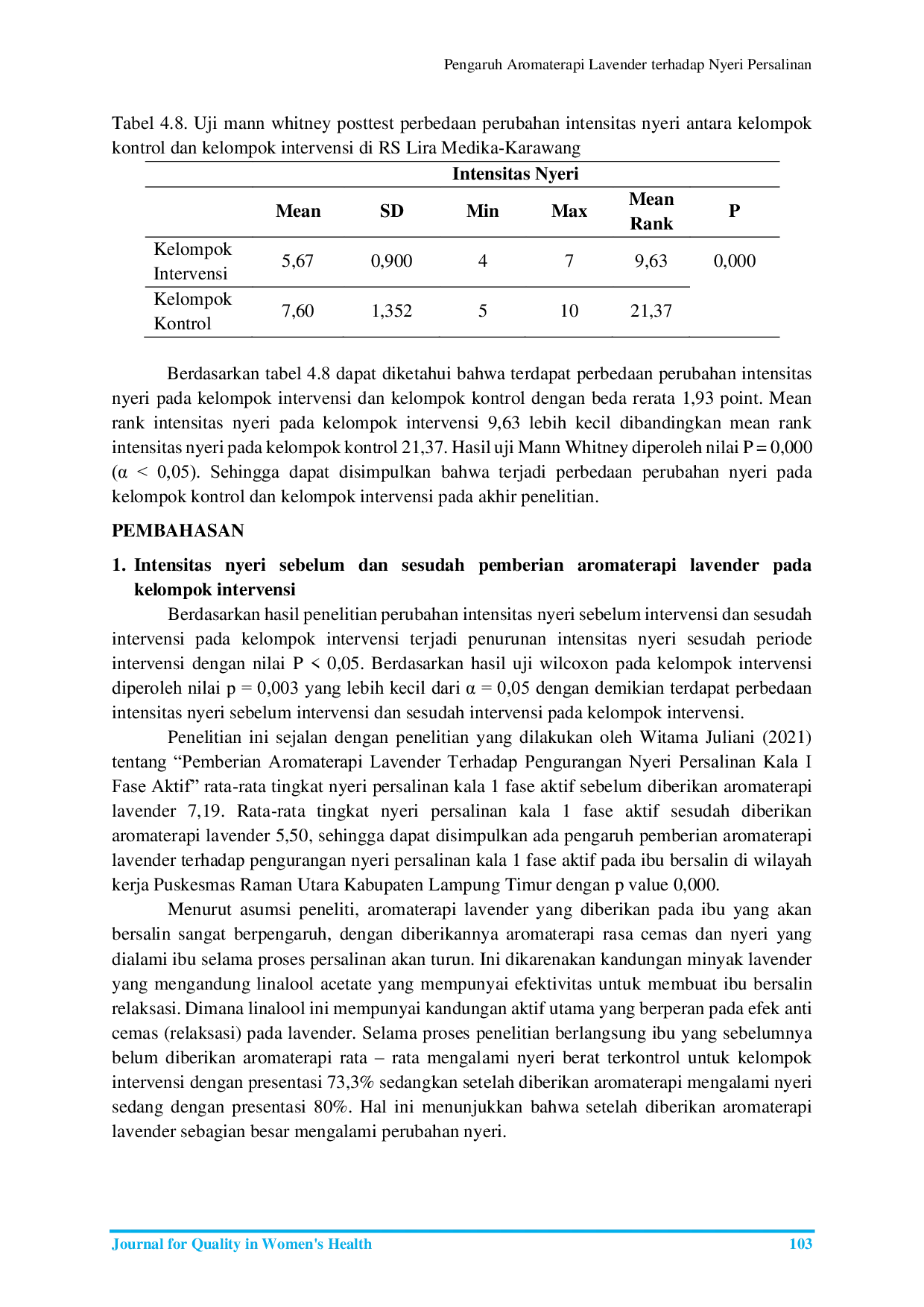 JURIS Pengaruh Aromaterapi Lavender terhadap Nyeri Persalinan Kala 1 Fase Aktif pada Ibu Bersalin di RS Lira Medika Karawang Jawa Barat