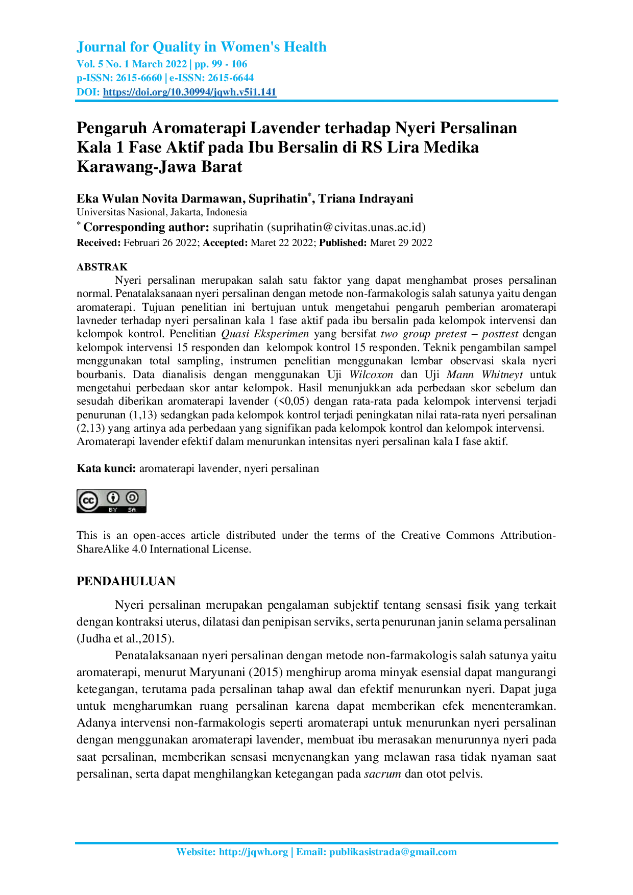 JURIS Pengaruh Aromaterapi Lavender terhadap Nyeri Persalinan Kala 1 Fase Aktif pada Ibu Bersalin di RS Lira Medika Karawang Jawa Barat