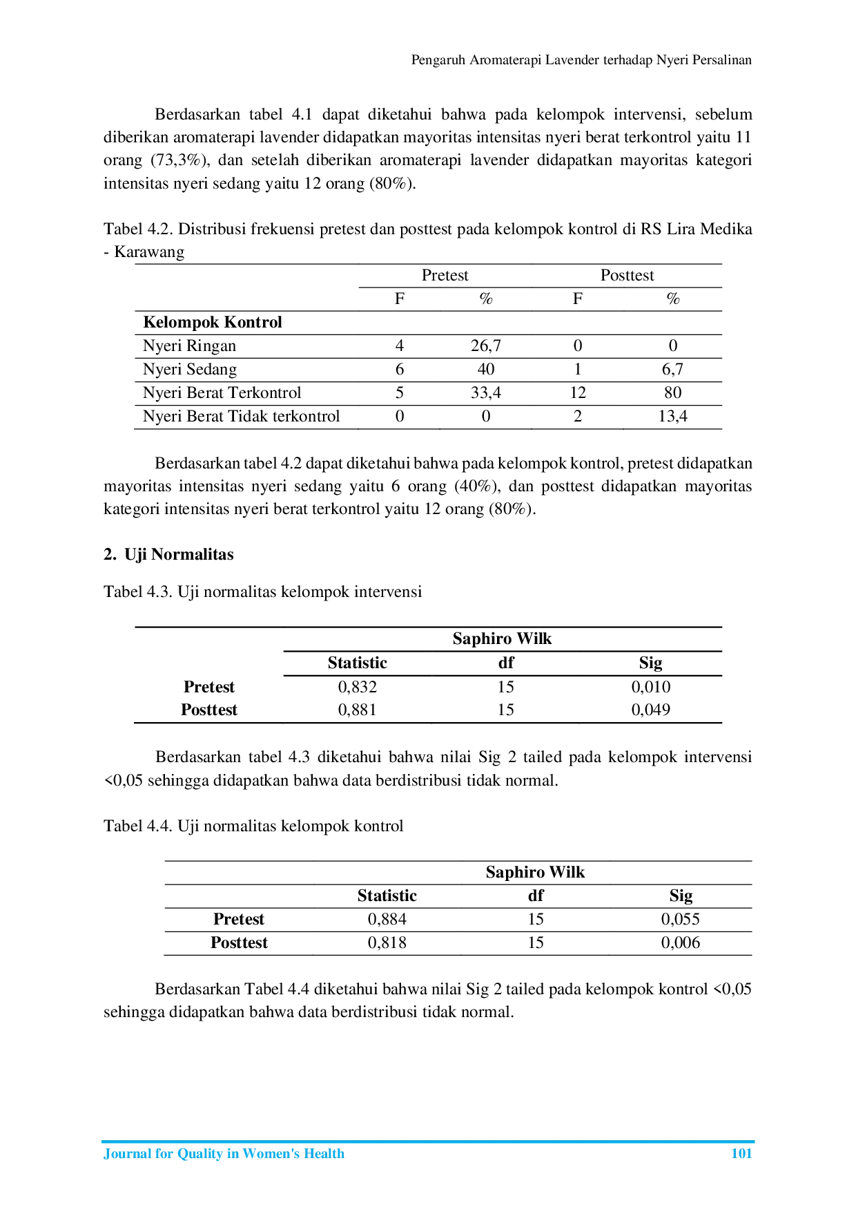 JURIS Pengaruh Aromaterapi Lavender terhadap Nyeri Persalinan Kala 1 Fase Aktif pada Ibu Bersalin di RS Lira Medika Karawang Jawa Barat