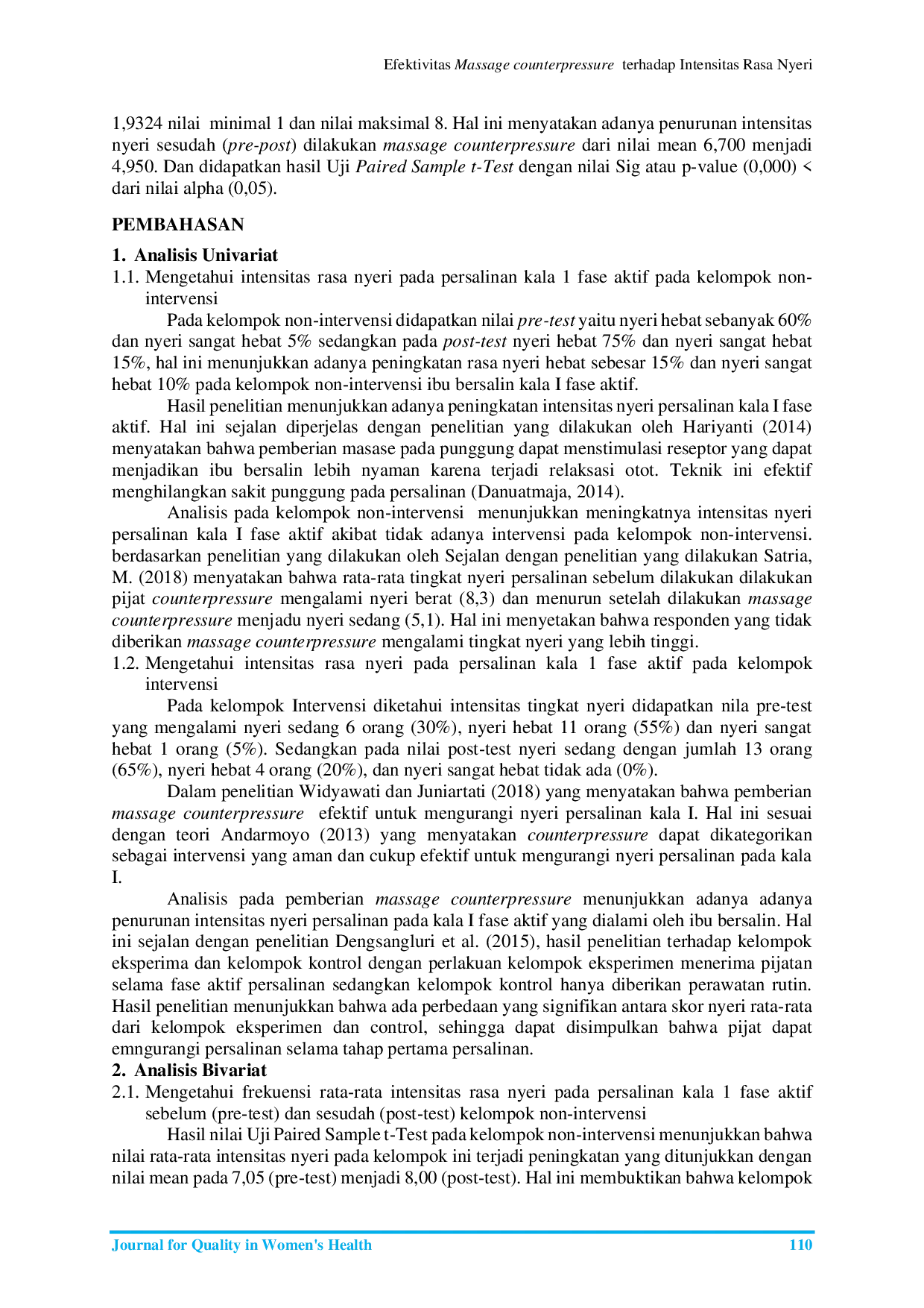 JURIS Efektivitas Massage counterpressure terhadap Intensitas Rasa Nyeri pada Persalinan Kala 1 Fase Aktif di PMB Bidan Monika Jakarta Timur