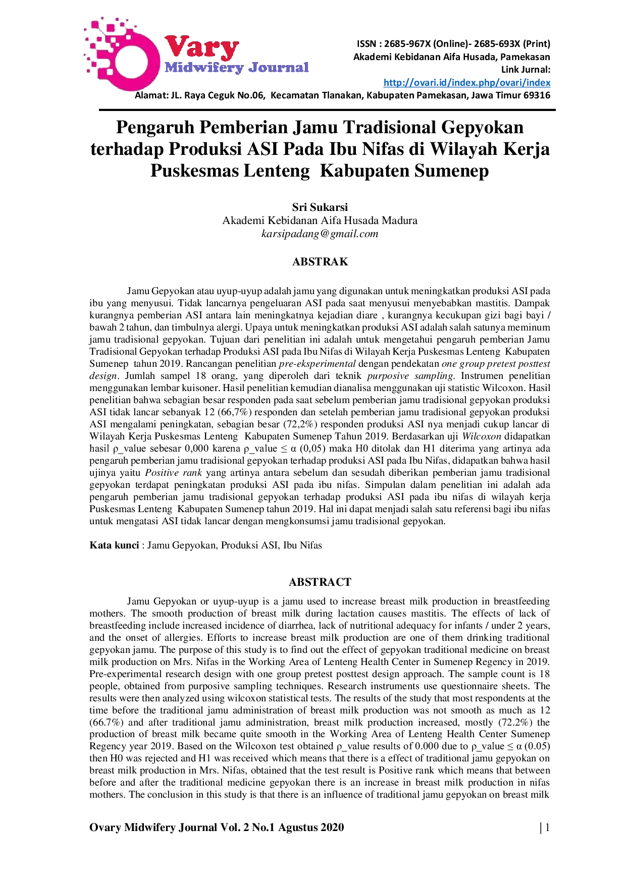 JURIS Pengaruh Pemberian Jamu Tradisional Gepyokan Terhadap Produksi Asi Pada Ibu Nifas Di Wilayah Kerja Puskesmas Lenteng Kabupaten Sumenep