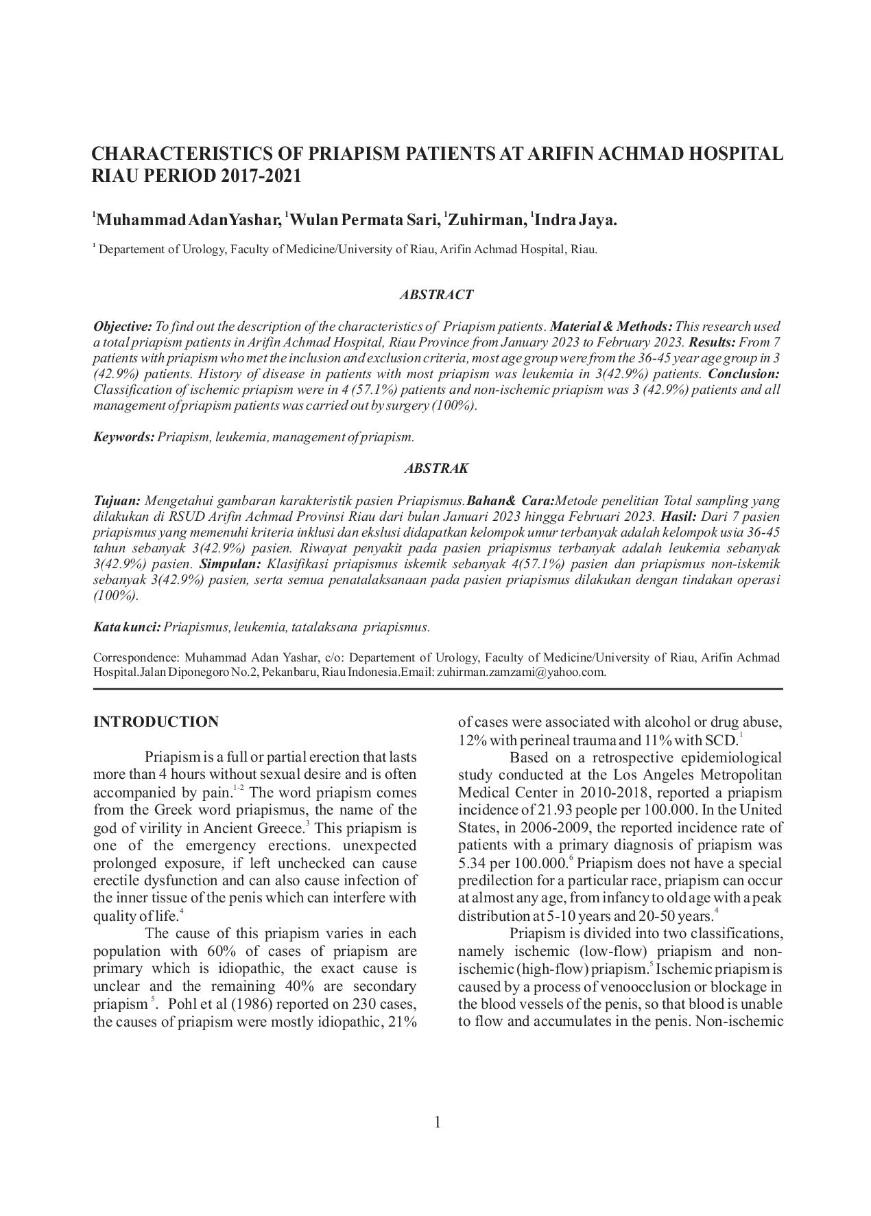 JURIS Characteristics Of Priapism Patients At Arifin Achmad Hospital