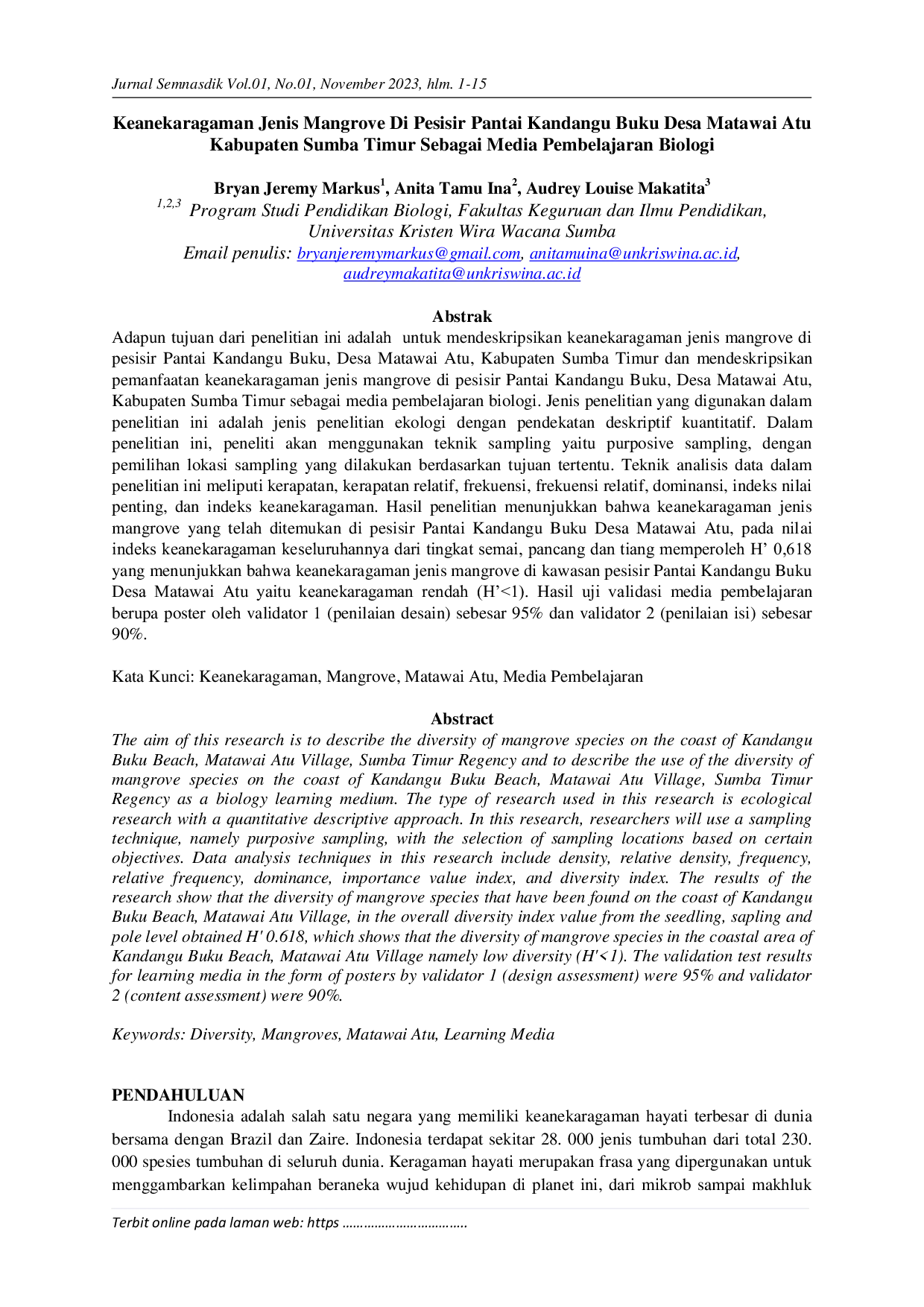 JURIS The Keanekaragaman Jenis Mangrove Di Pesisir Pantai Kandangu Buku Desa Matawai Atu Kabupaten Sumba Timur Sebagai Media Pembelajaran Biologi