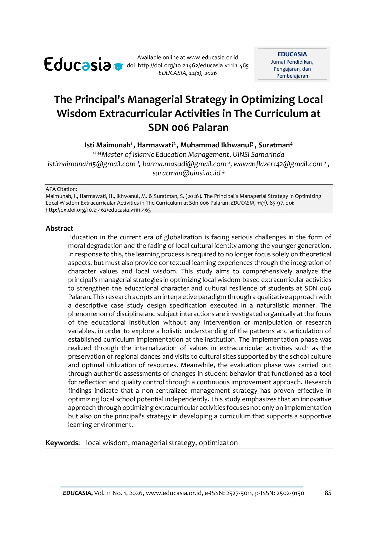 JURIS The Principal s Managerial Strategy in Optimizing Local Wisdom Extracurricular Activities in The Curriculum at SDN 006 Palaran