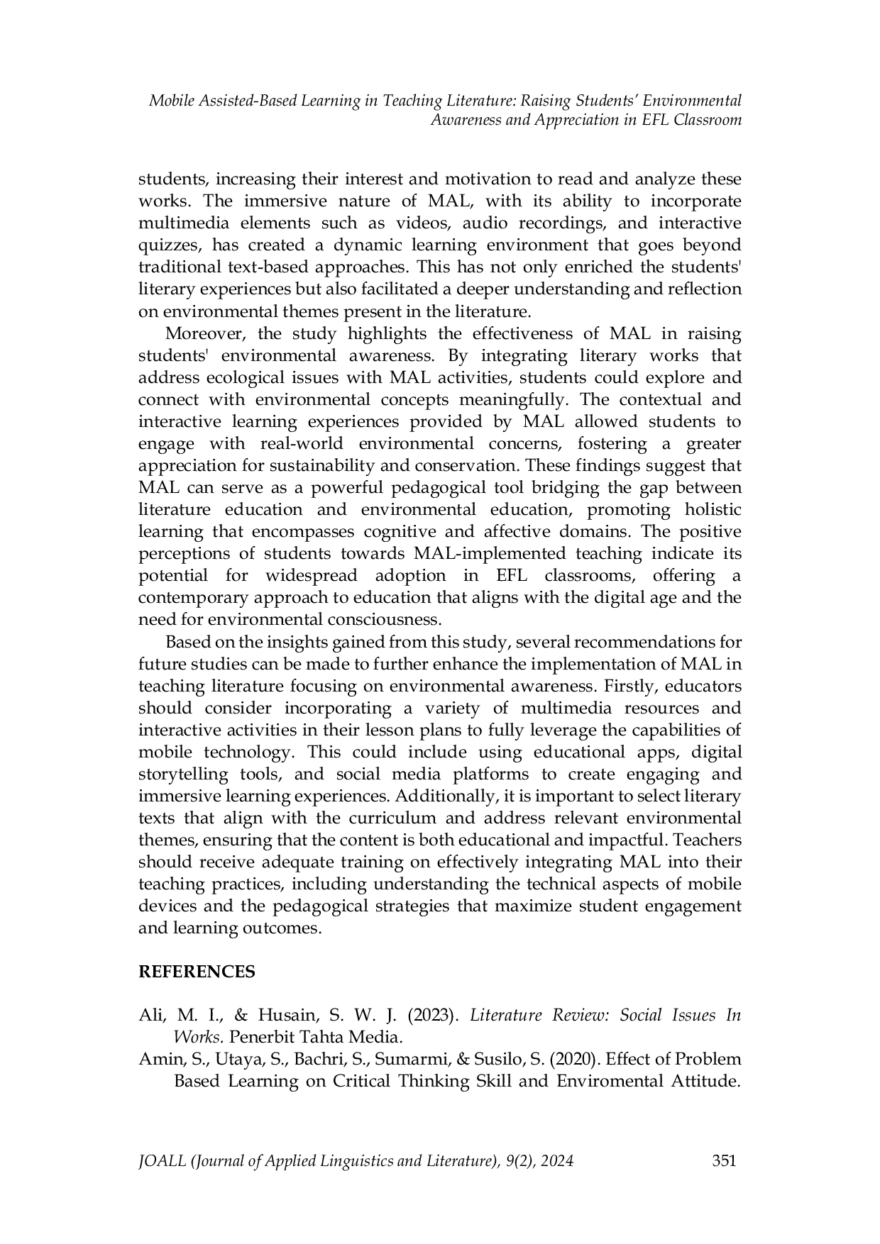 JURIS Mobile Assisted Based Learning in Teaching Literature Raising Students Environmental Awareness and Appreciation in EFL Classroom