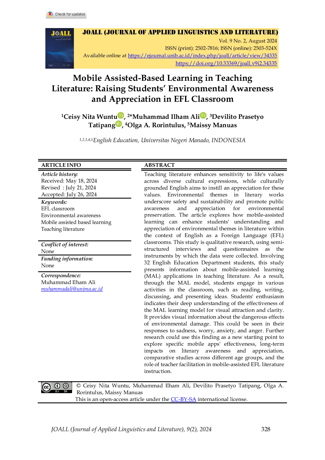 JURIS Mobile Assisted Based Learning in Teaching Literature Raising Students Environmental Awareness and Appreciation in EFL Classroom