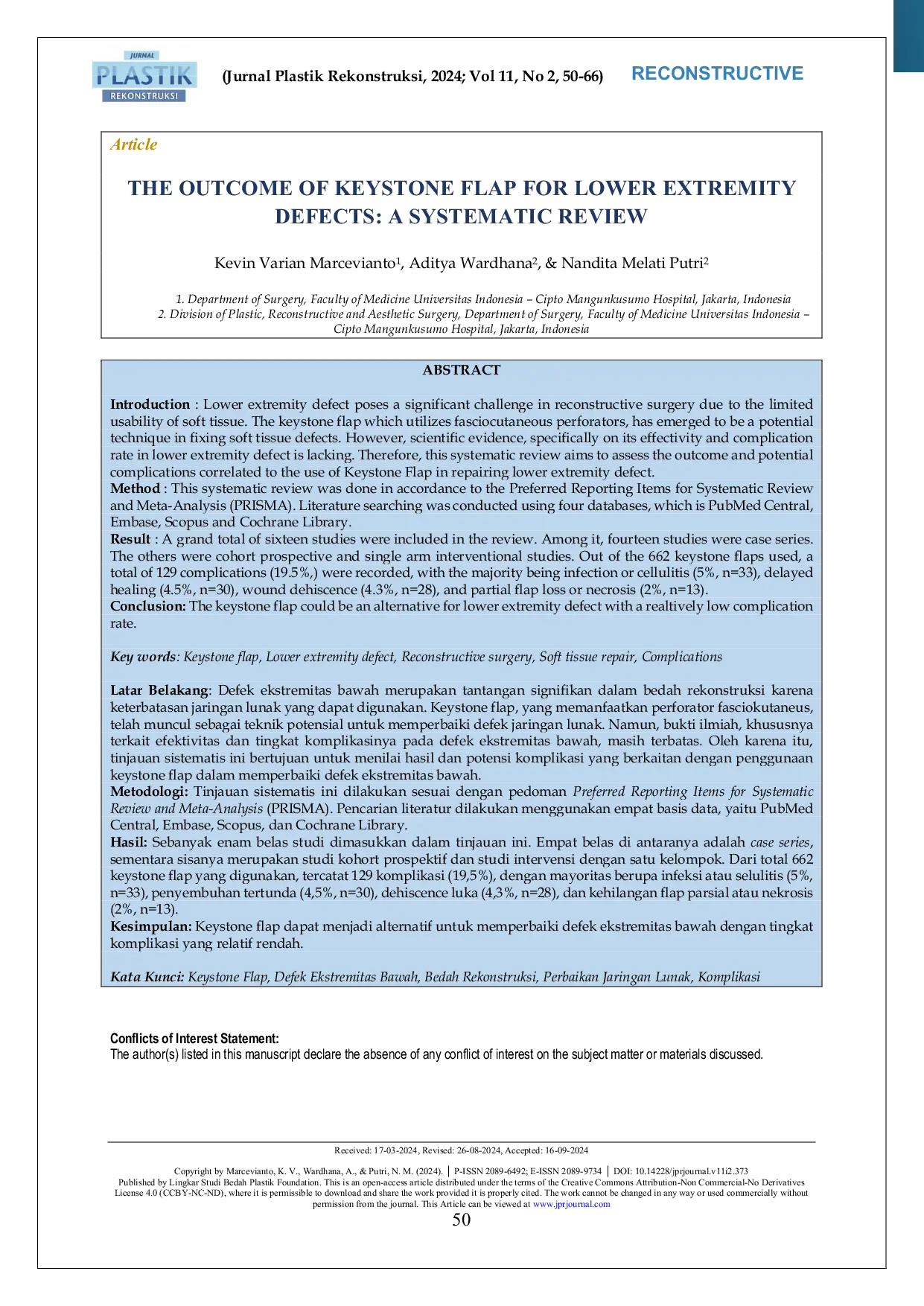 JURIS The Outcome of Keystone Flap for Lower Extremity Defects A Systematic Review