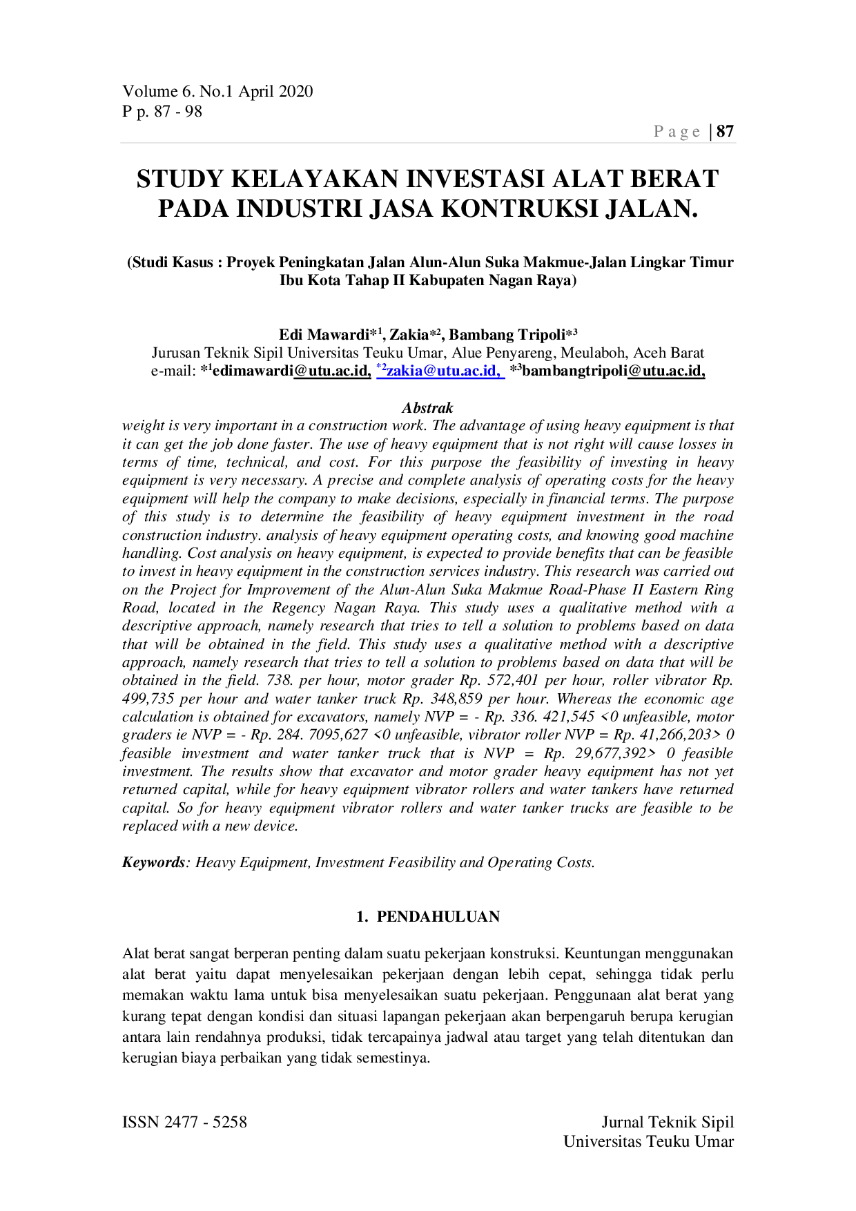 JURIS Study Kelayakan Investasi Alat Berat Pada Industri Jasa Konstruksi Jalan