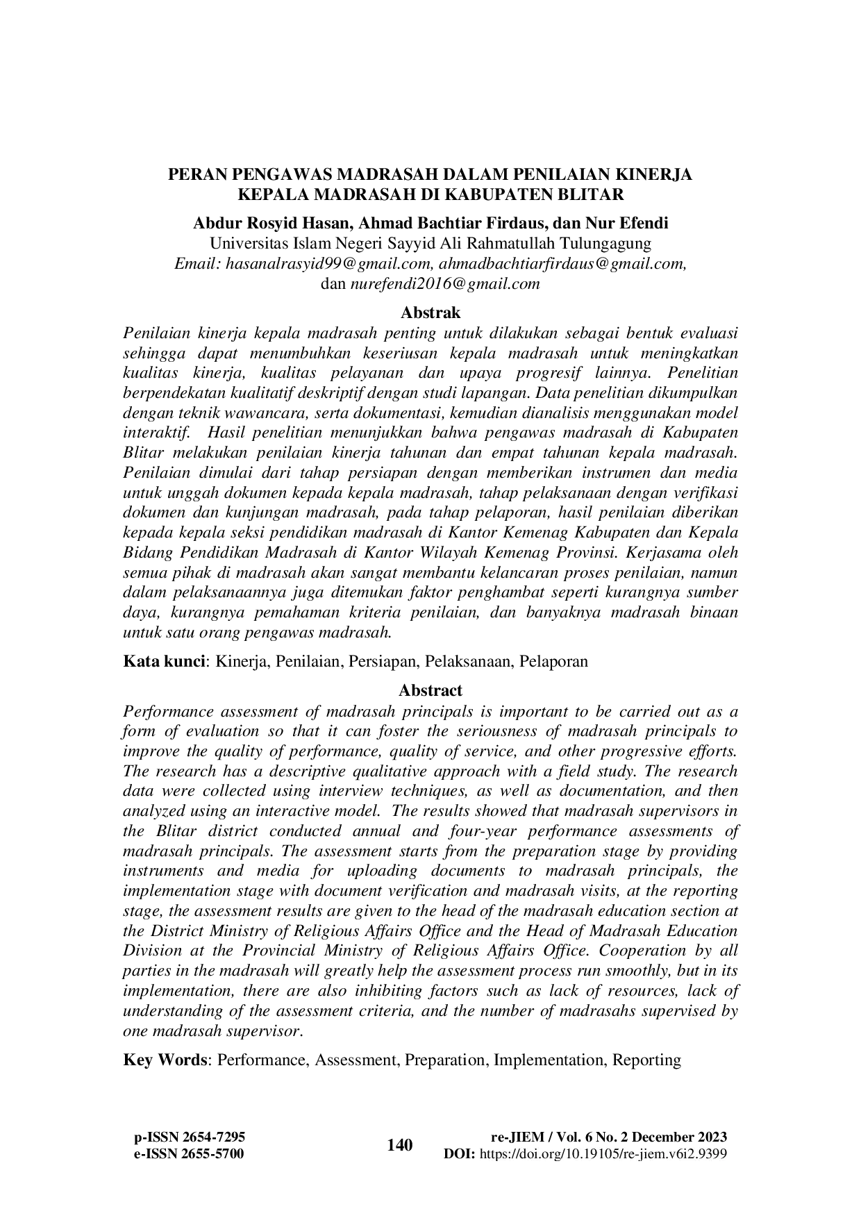 JURIS Peran Pengawas Madrasah Dalam Penilaian Kinerja Kepala Madrasah Di Kabupaten Blitar
