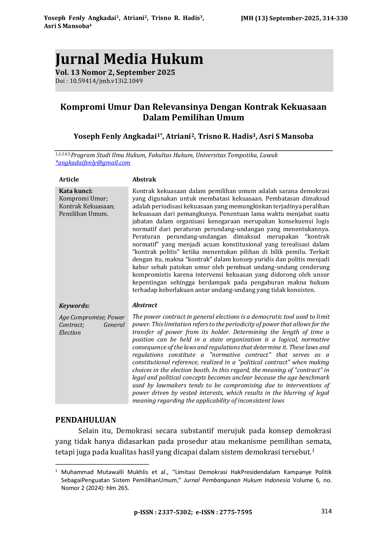 JURIS Kompromi Umur Dan Relevansinya Dengan Kontrak Kekuasaan Dalam Pemilihan Umum Age Compromise and Its Relevance to Power Contracts in General Elections