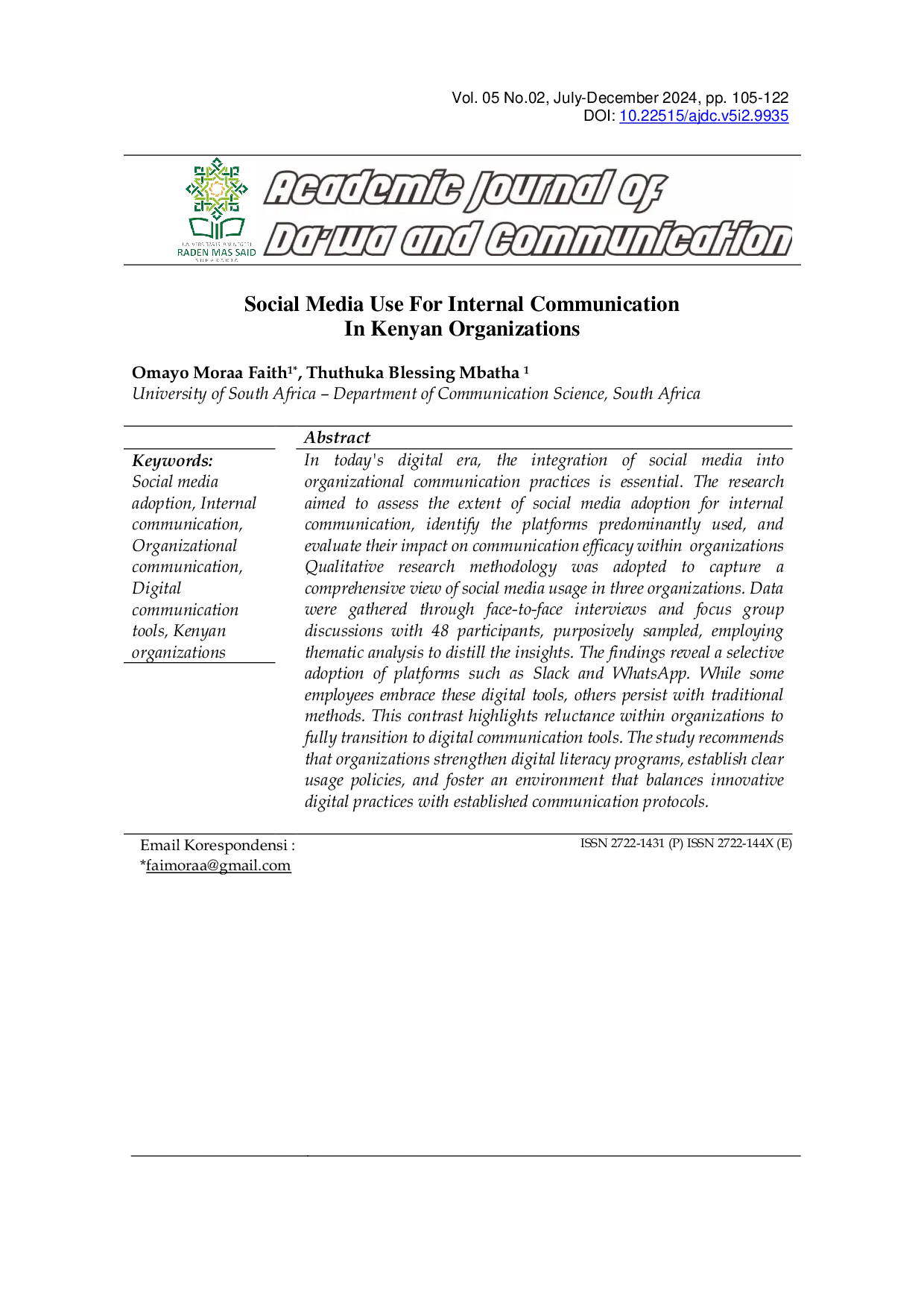 JURIS Social Media Use For Internal Communication In Kenyan Organizations