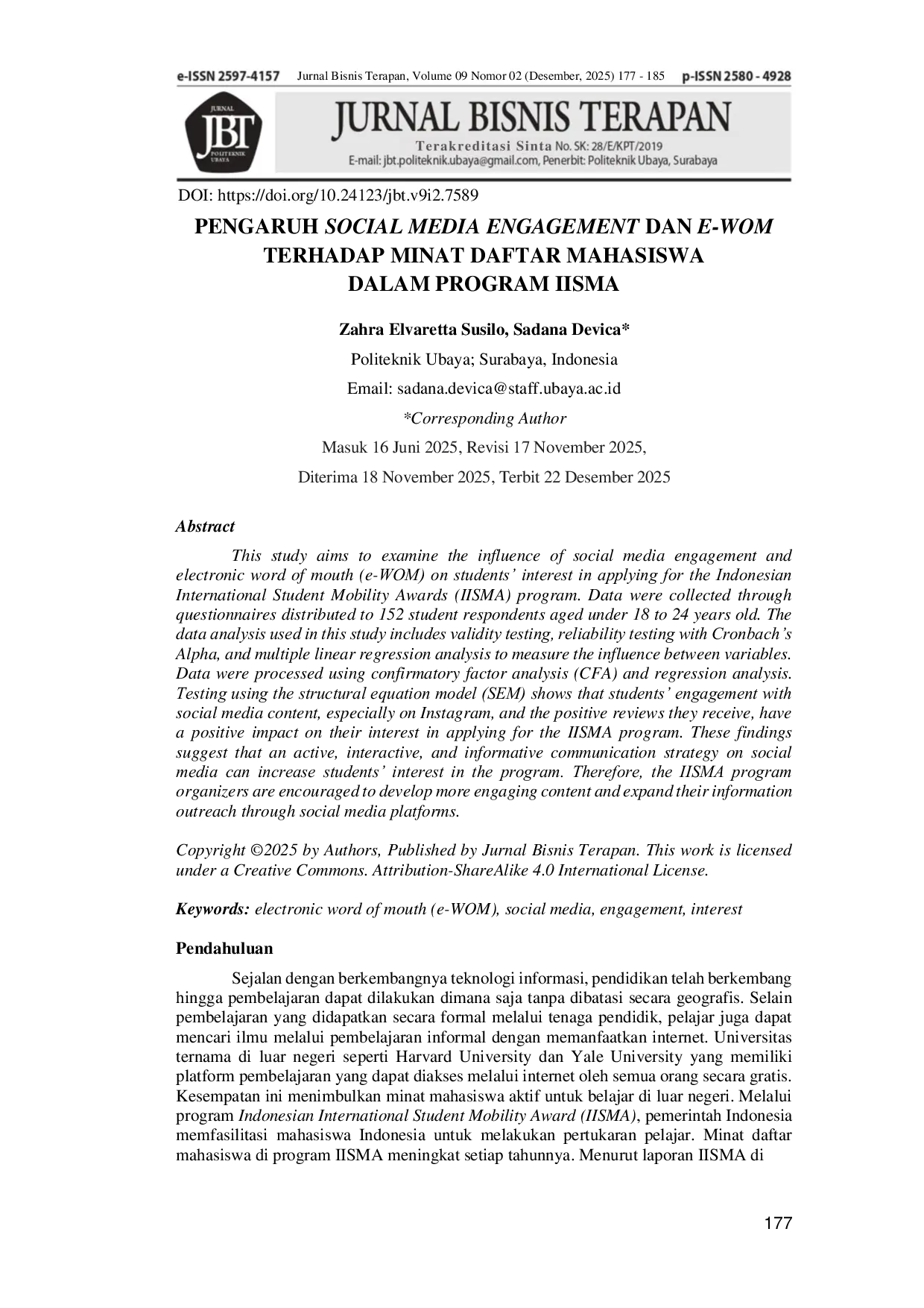 JURIS Pengaruh Social Media Engagement dan E WOM terhadap Minat Daftar Mahasiswa dalam Program IISMA