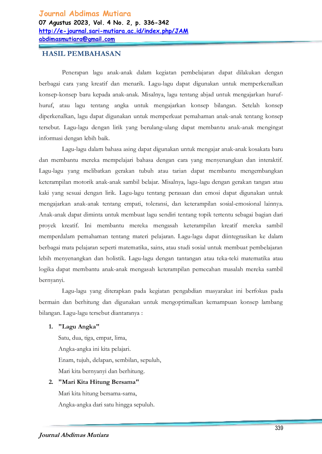 JURIS Penerapan Lagu Bermain Dan Berhitung Untuk Meningkatkan Kemampuan Mengenal Konsep Lambang Bilangan