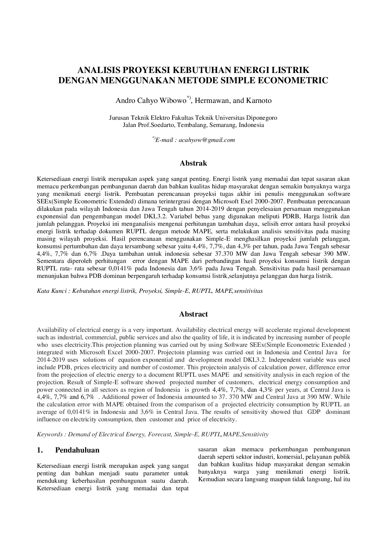 JURIS Analisis Proyeksi Kebutuhan Energi Listrik Dengan Menggunakan Metode Simple Econometric