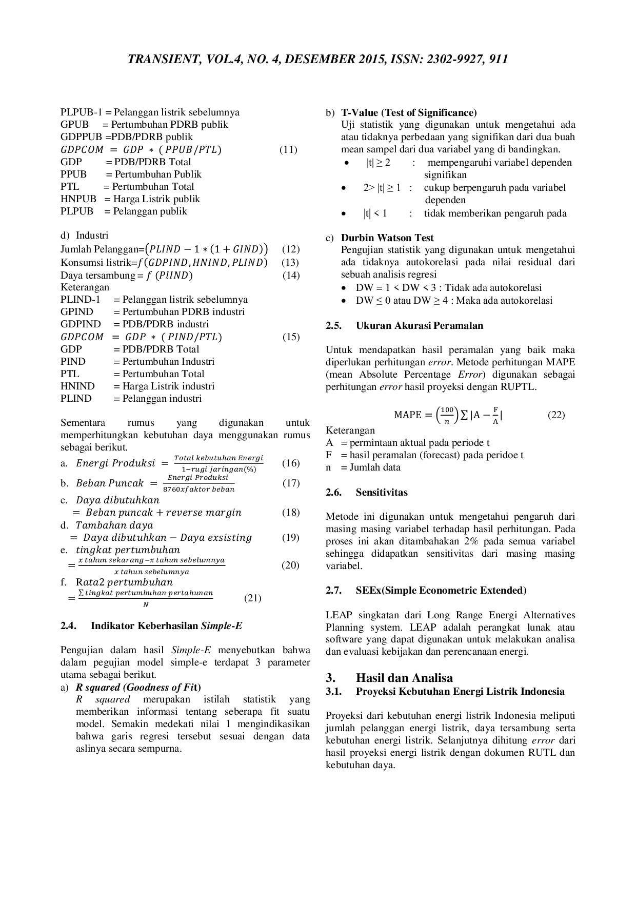 JURIS Analisis Proyeksi Kebutuhan Energi Listrik Dengan Menggunakan Metode Simple Econometric