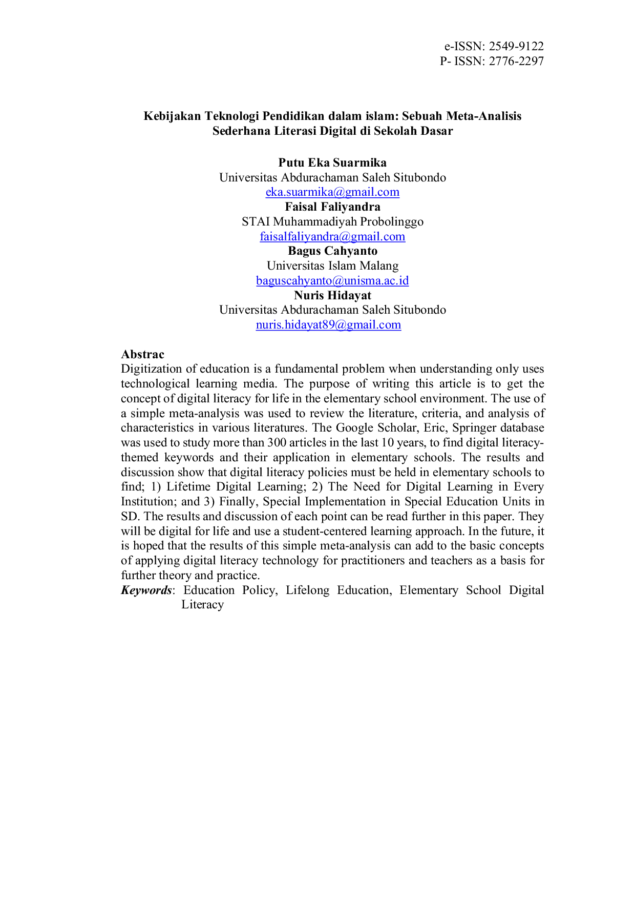 JURIS Kebijakan Teknologi Pendidikan dalam Islam Sebuah Meta Analisis Sederhana Literasi Digital di Sekolah Dasar