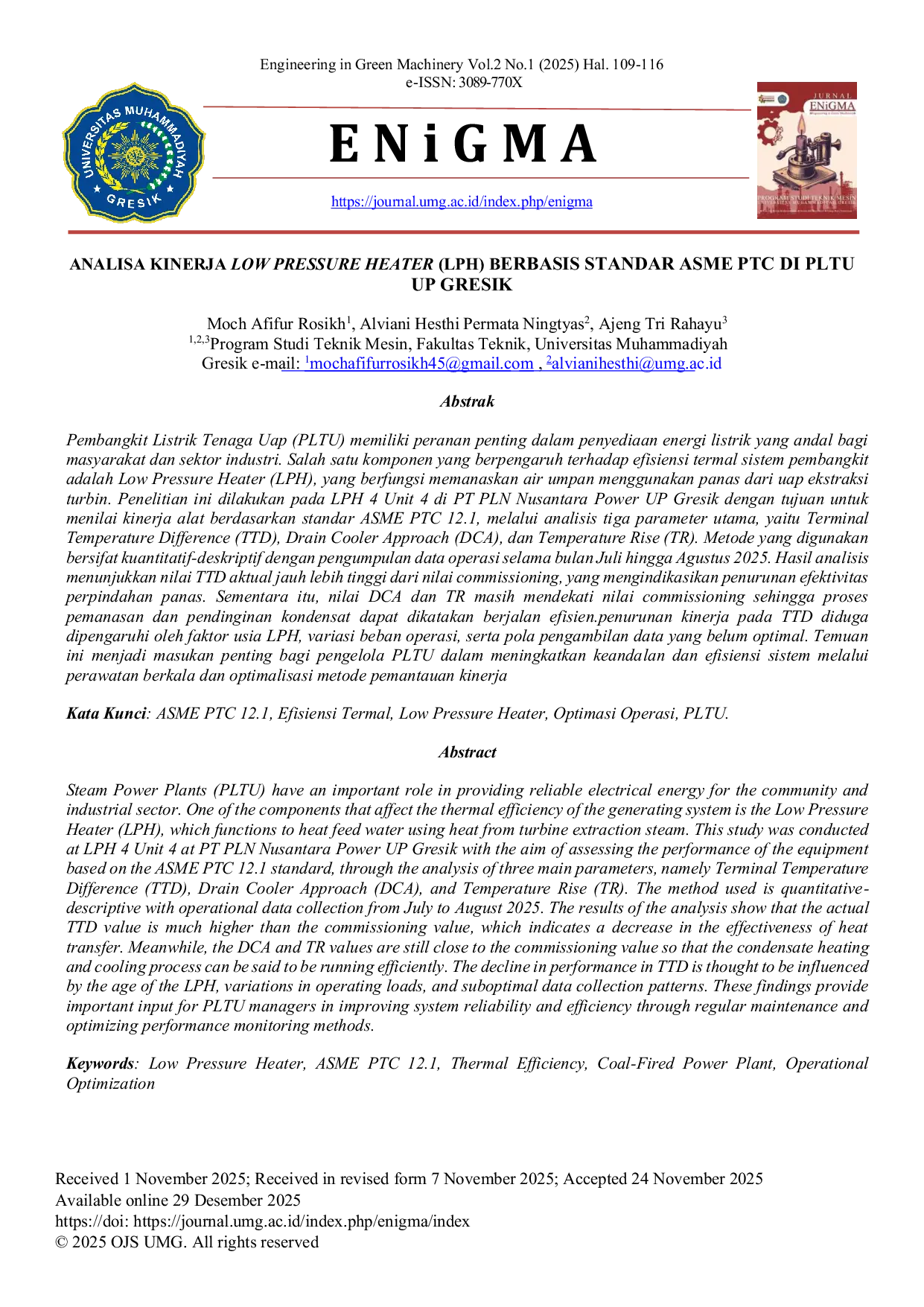 JURIS ANALISA KINERJA LOW PRESSURE HEATER LPH BERBASIS STANDAR ASME PTC DI PLTU UP GRESIK