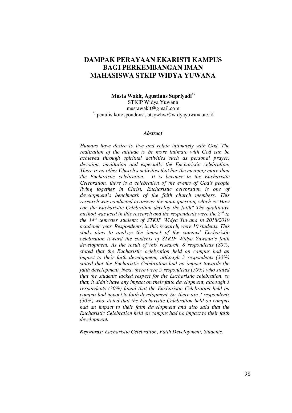 JURIS Dampak Perayaan Ekaristi Kampus Bagi Perkembangan Iman Mahasiswa STKIP Widya Yuwana