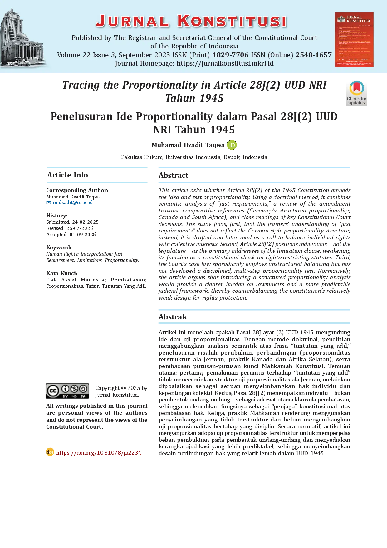 juris Penelusuran Ide Proportionality dalam Pasal 28J 2 UUD NRI Tahun 1945 Tracing the Proportionality in Article 28J 2 UUD NRI Tahun 1945