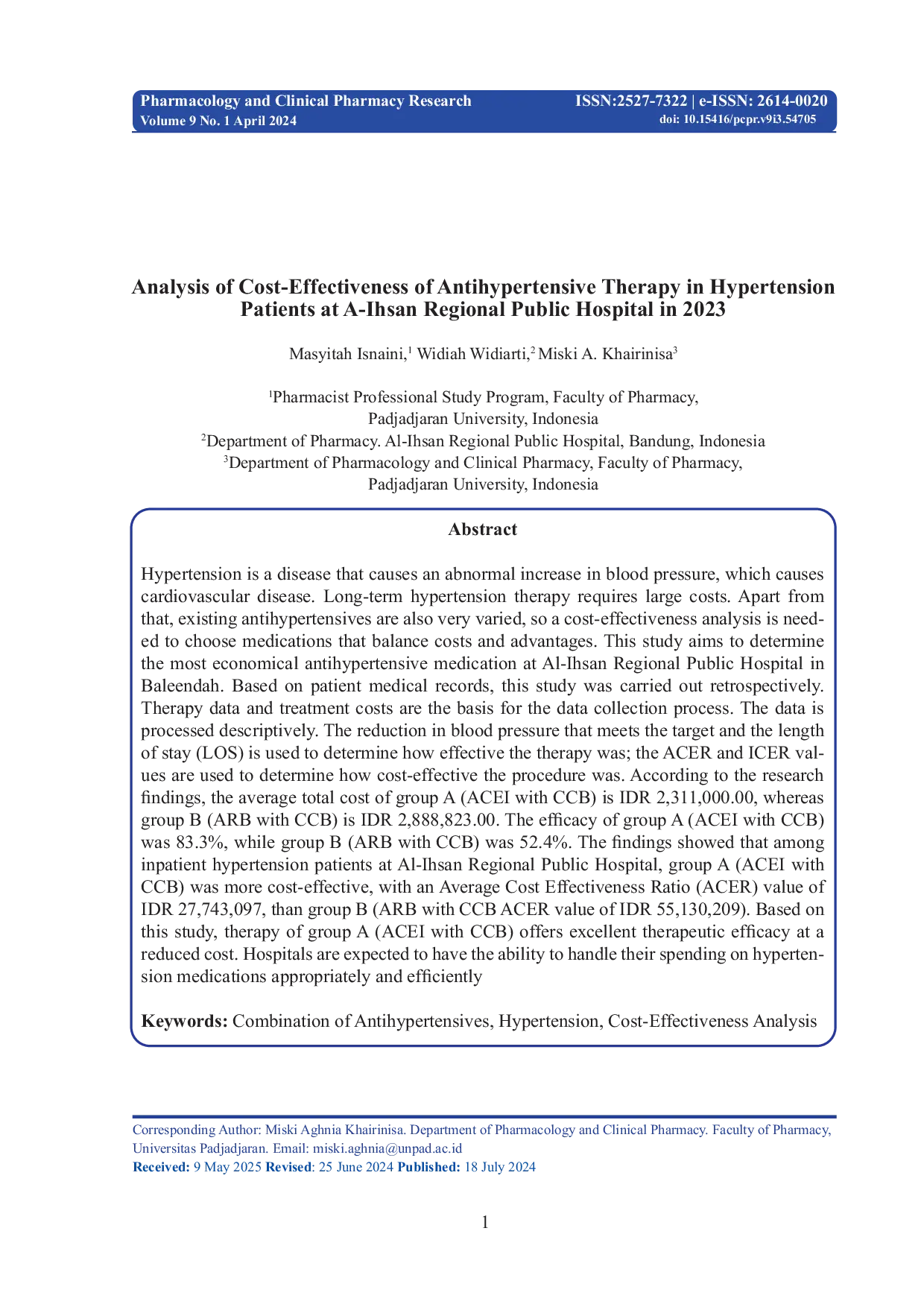 JURIS Analysis of Cost Effectiveness of Antihypertensive Therapy in Hypertension Patients at Al Ihsan Regional Public Hospital in 2023