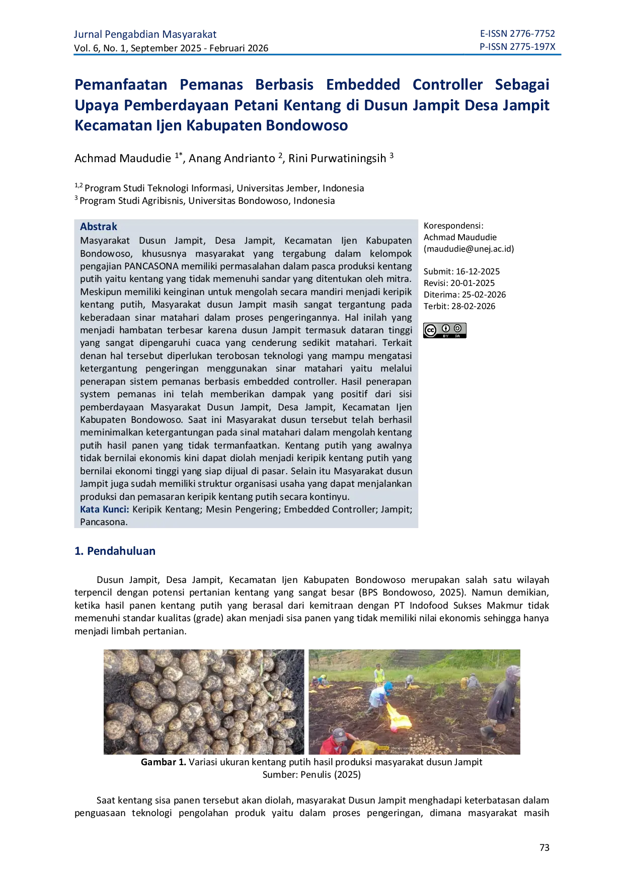 JURIS Pemanfaatan Pemanas Berbasis Embedded Controller Sebagai Upaya Pemberdayaan Petani Kentang di Dusun Jampit Desa Jampit Kecamatan Ijen Kabupaten Bondowoso