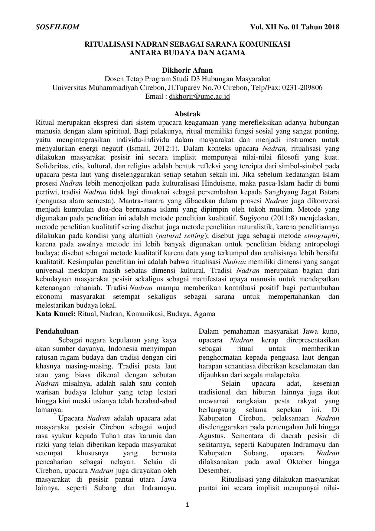 JURIS Ritualisasi Nadran Sebagai Sarana Komunikasi Antara Budaya dan Agama