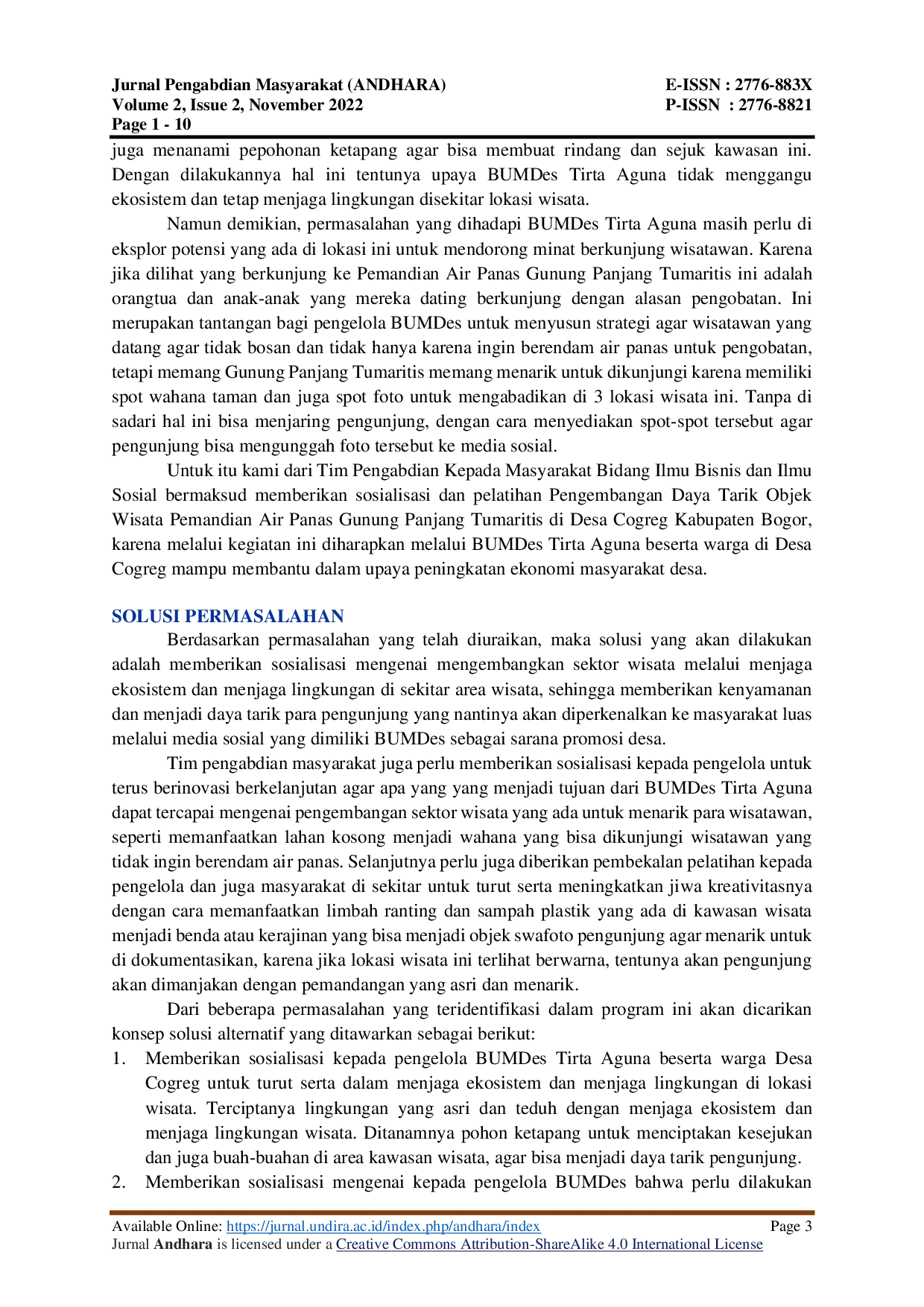 JURIS PENGEMBANGAN DAYA TARIK OBJEK WISATA PEMANDIAN AIR PANAS GUNUNG PANJANG TUMARITIS DI DESA COGREG KABUPATEN BOGOR