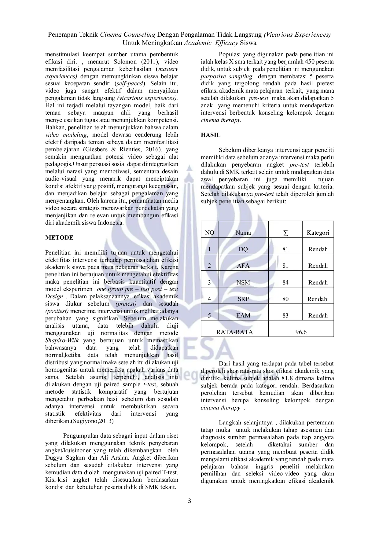 JURIS Penerapan Teknik Cinema Counseling Dengan Pengalaman Tidak Langsung Vicarious Experiences Untuk Meningkatkan Academic Efficacy Siswa