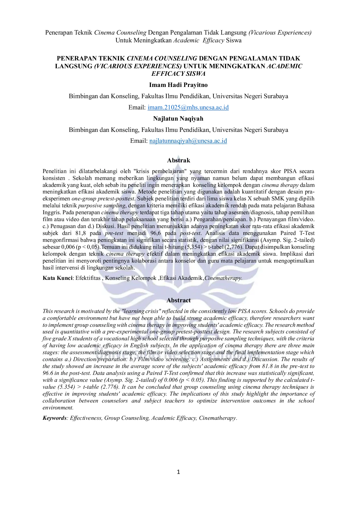JURIS Penerapan Teknik Cinema Counseling Dengan Pengalaman Tidak Langsung Vicarious Experiences Untuk Meningkatkan Academic Efficacy Siswa