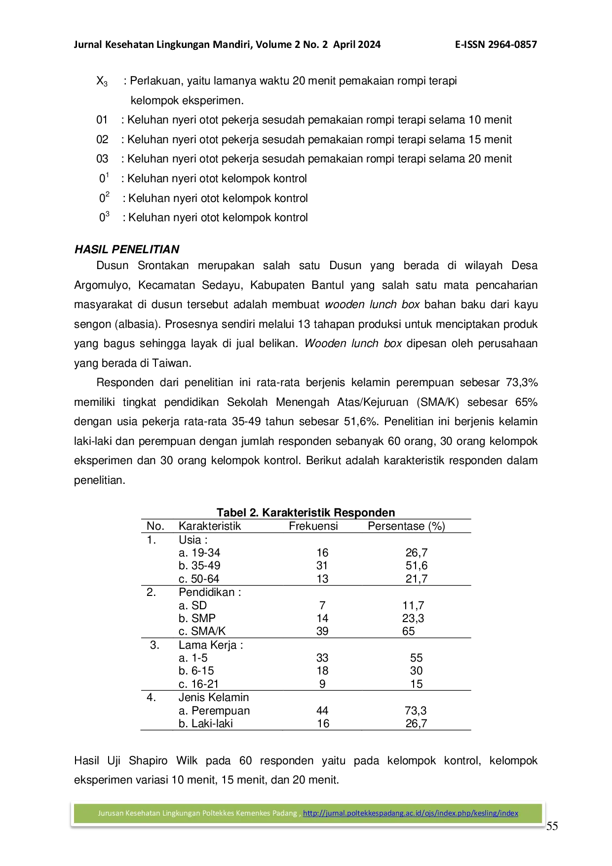 JURIS Efektivitas Instruksi Kerja Variasi Waktu Pemakaian Rompi sebagai Terapi Keluhan Nyeri Otot pada Pekerja Lunch Box di Bantul