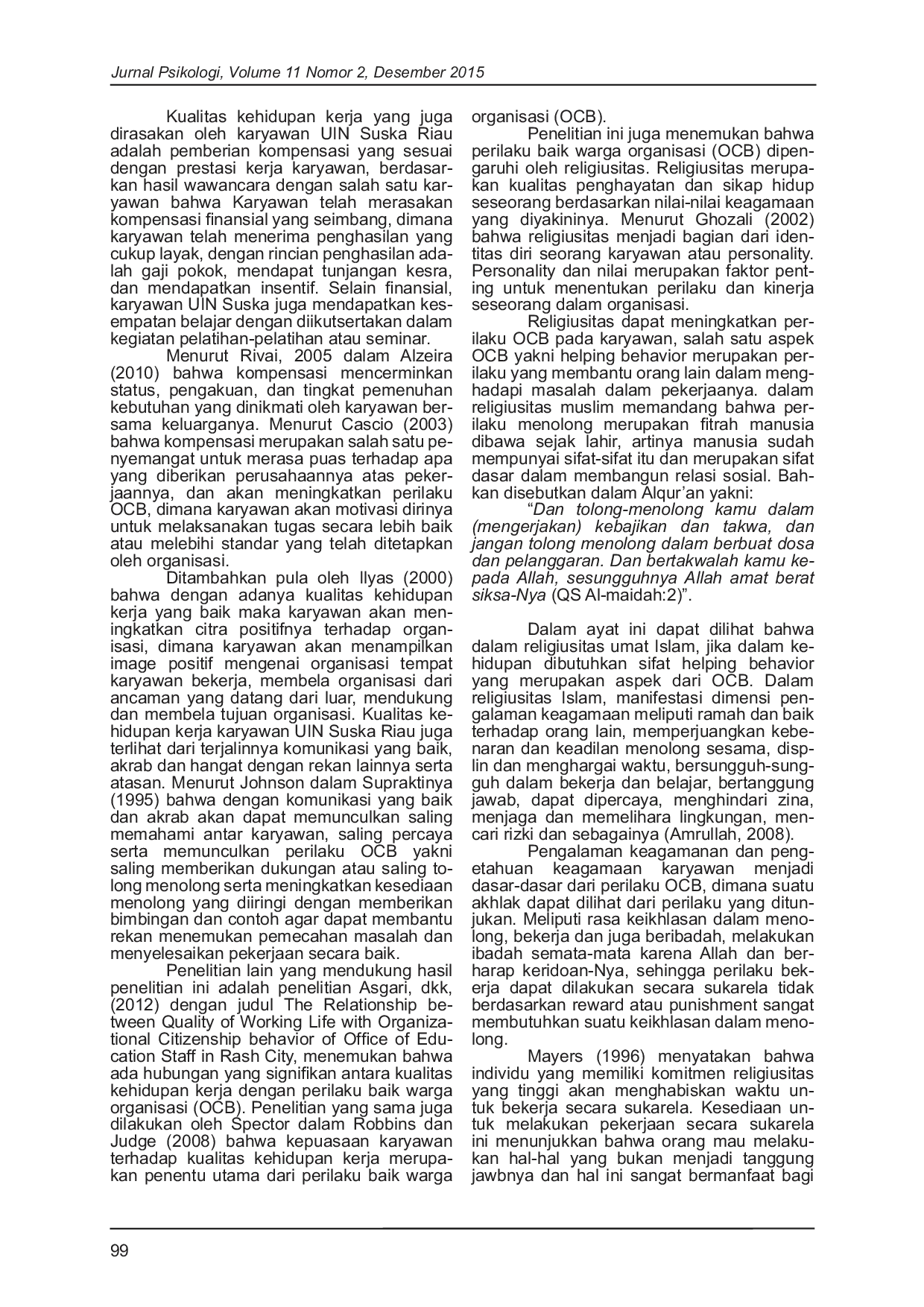 JURIS Hubungan Religiusitas dan Kualitas Kehidupan Kerja dengan Organizational Citizenship Behavior OCB Pada Karyawan