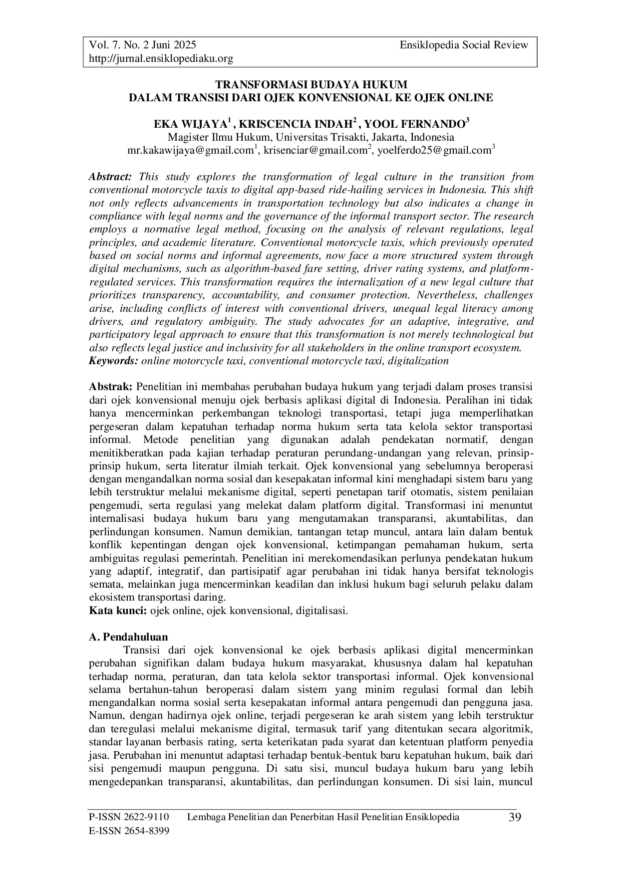 JURIS Transformasi Budaya Hukum Dalam Transisi Dari Ojek Konvensional Ke Ojek Online