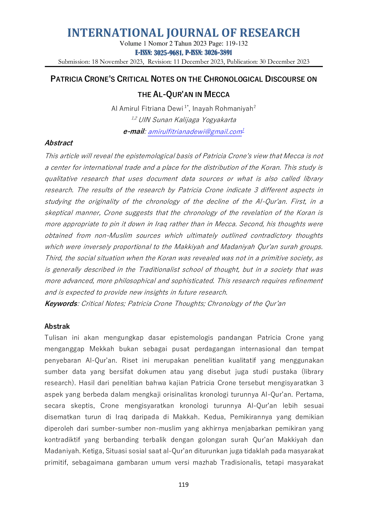 JURIS Patricia Crone s Critical Notes On The Chronological Discourse On The Al Qur an In Macca