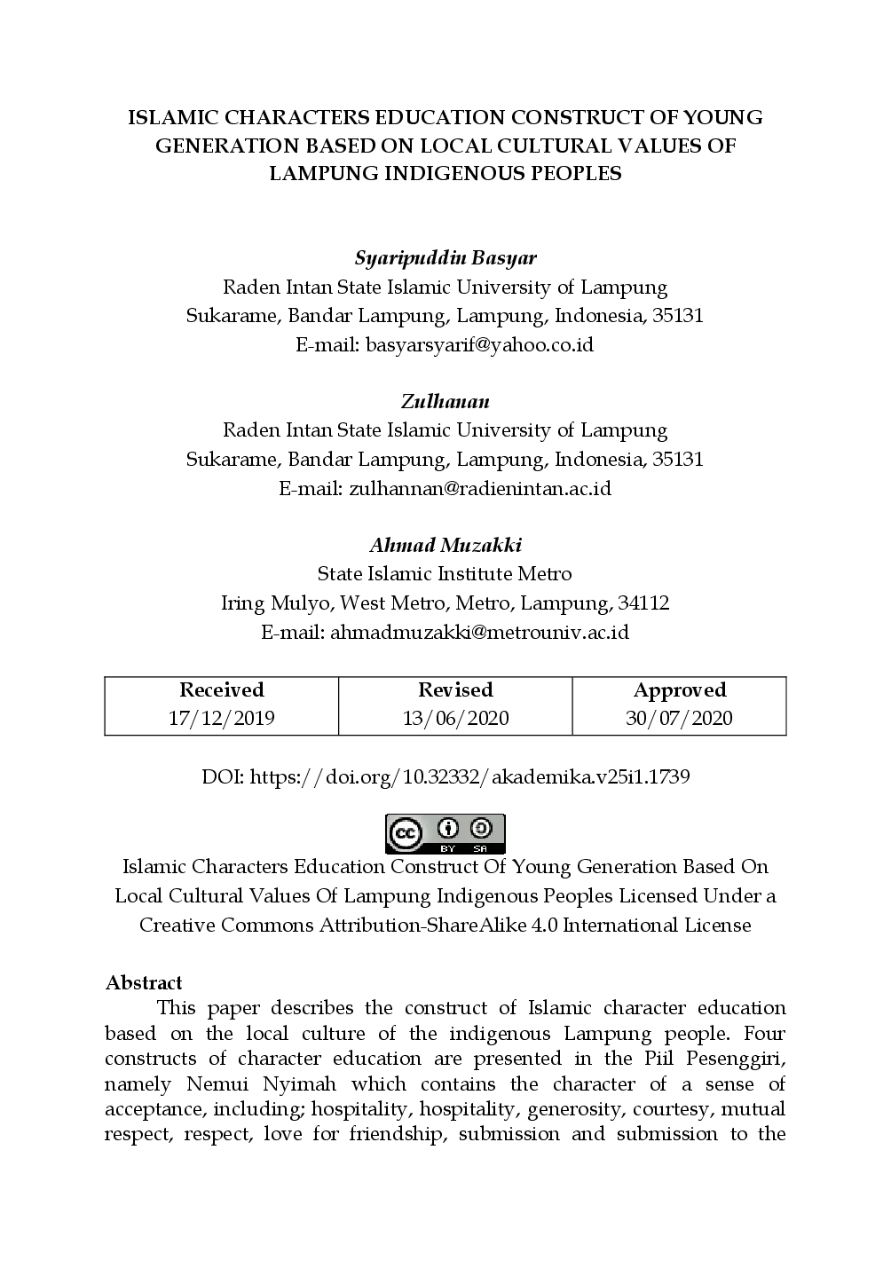 juris Islamic Characters Education Construct Of Young Generation Based On Local Cultural Values Of Lampung Indigenous Peoples
