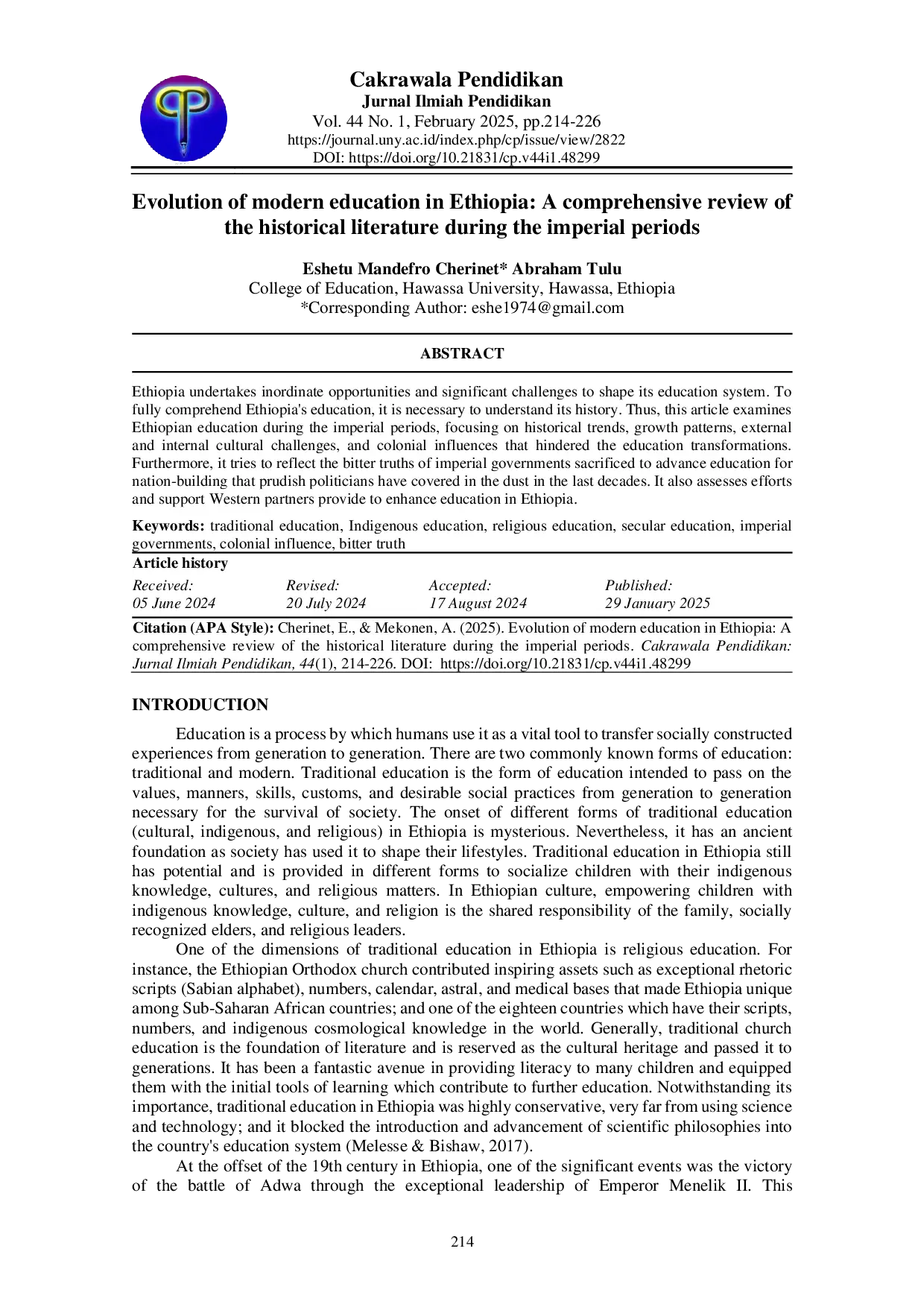 juris Evolution of modern education in Ethiopia A comprehensive review of the historical literature during the imperial periods