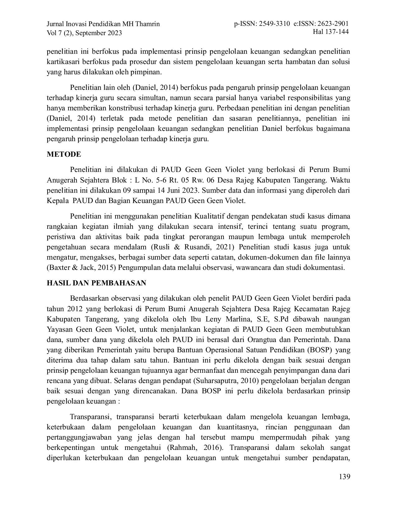 JURIS Penerapan Prinsip Pengelolaan Keuangan Dalam Mengoptimalkan BOSP PAUD Geen Gen Violet Tangerang