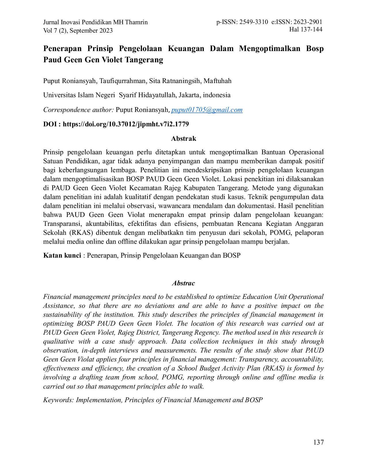 JURIS Penerapan Prinsip Pengelolaan Keuangan Dalam Mengoptimalkan BOSP PAUD Geen Gen Violet Tangerang