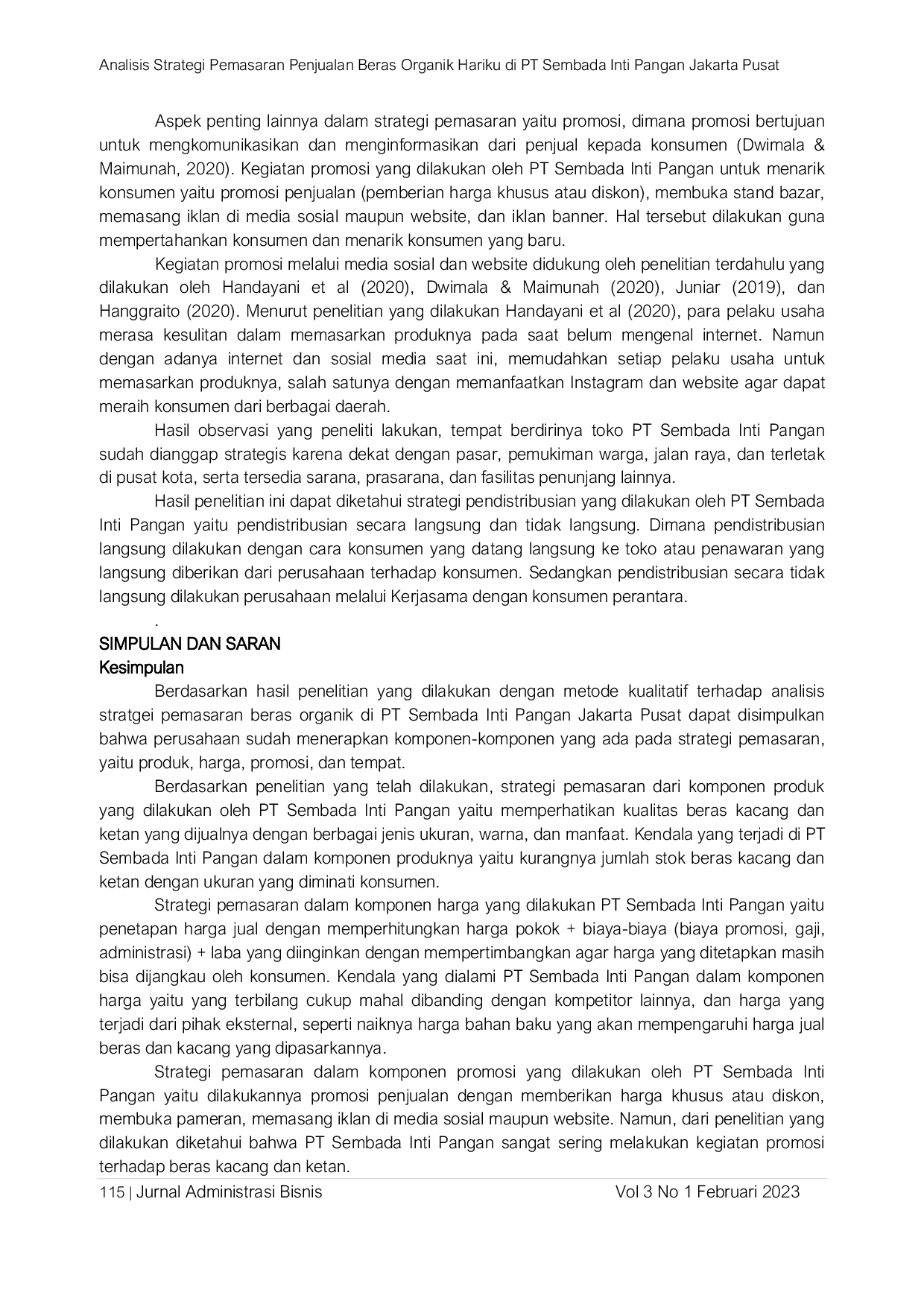 JURIS Analisis Strategi Pemasaran Pada Penjualan Beras Organik Hariku di PT Sembada Inti Pangan Jakarta Pusat