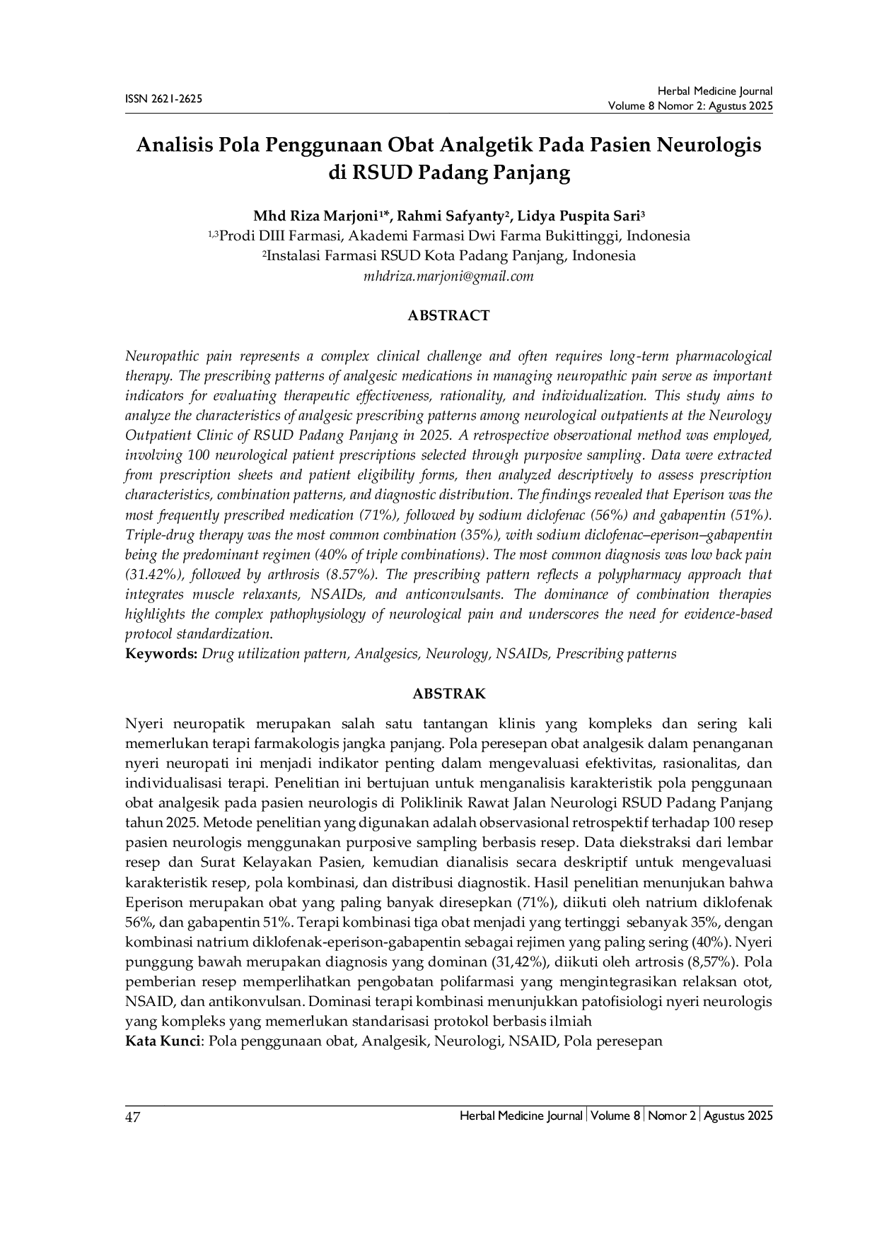 JURIS Analisis Pola Penggunaan Obat Analgetik Pada Pasien Neurologis di RSUD Padang Panjang