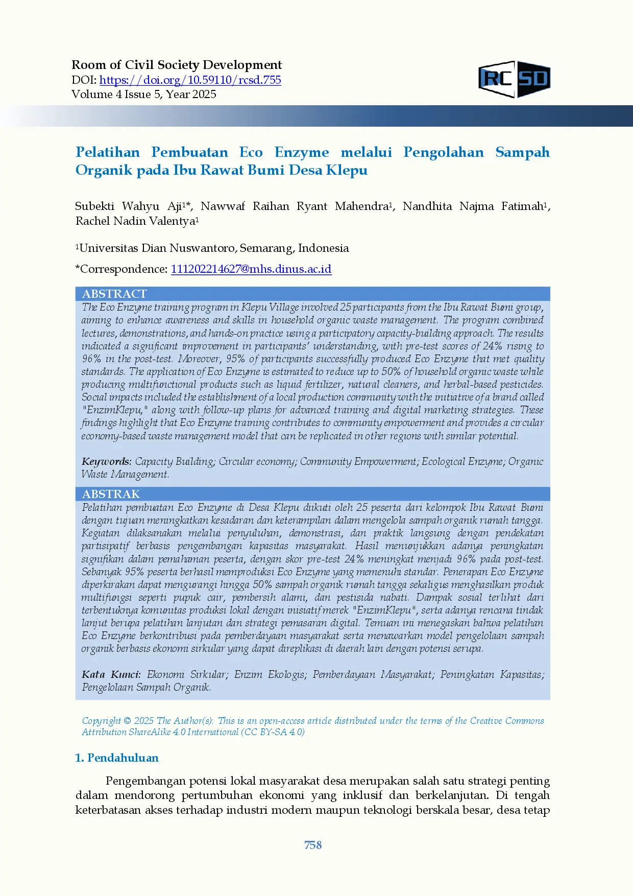 juris Pelatihan Pembuatan Eco Enzyme Melalui Pengolahan Sampah Organik Pada Ibu Rawat Bumi Desa Klepu