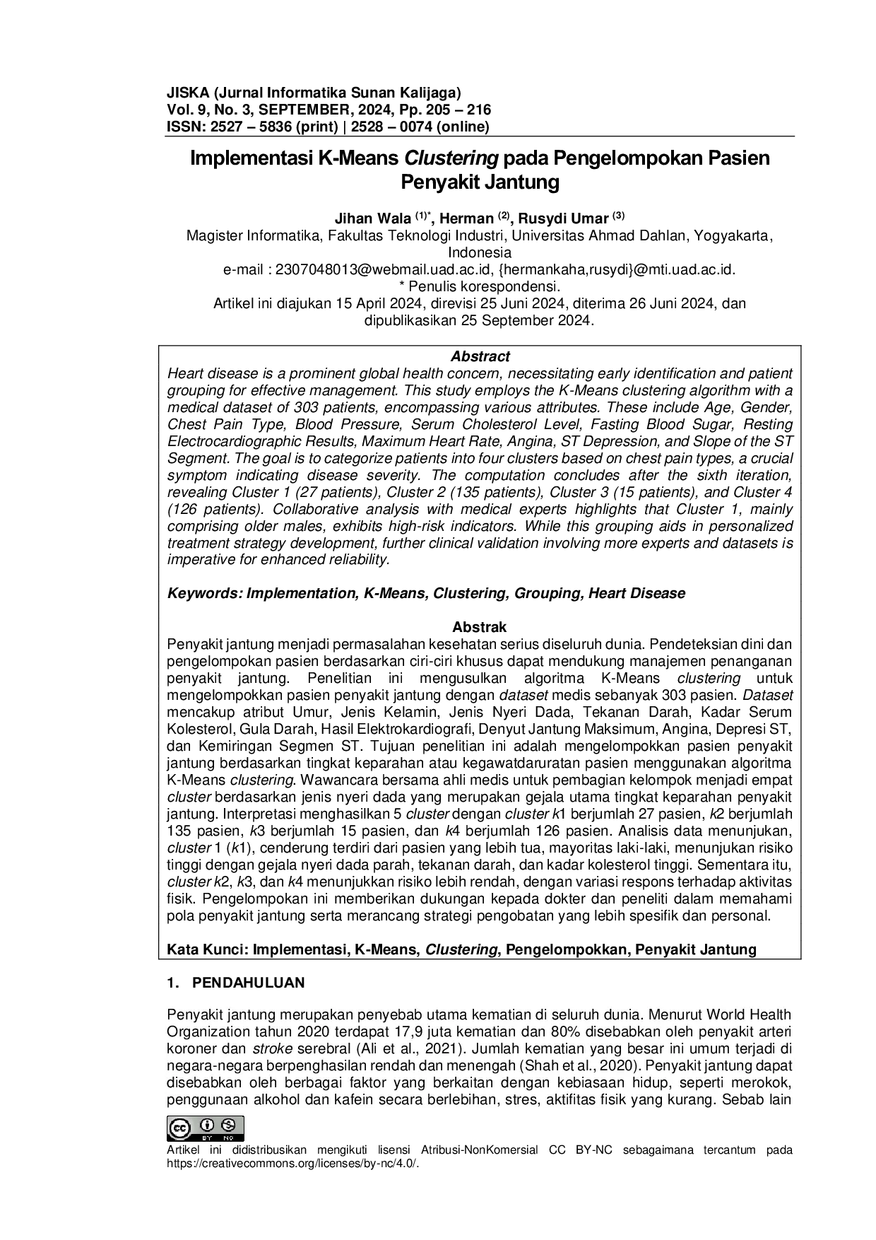 JURIS Implementasi K Means Clustering pada Pengelompokan Pasien Penyakit Jantung
