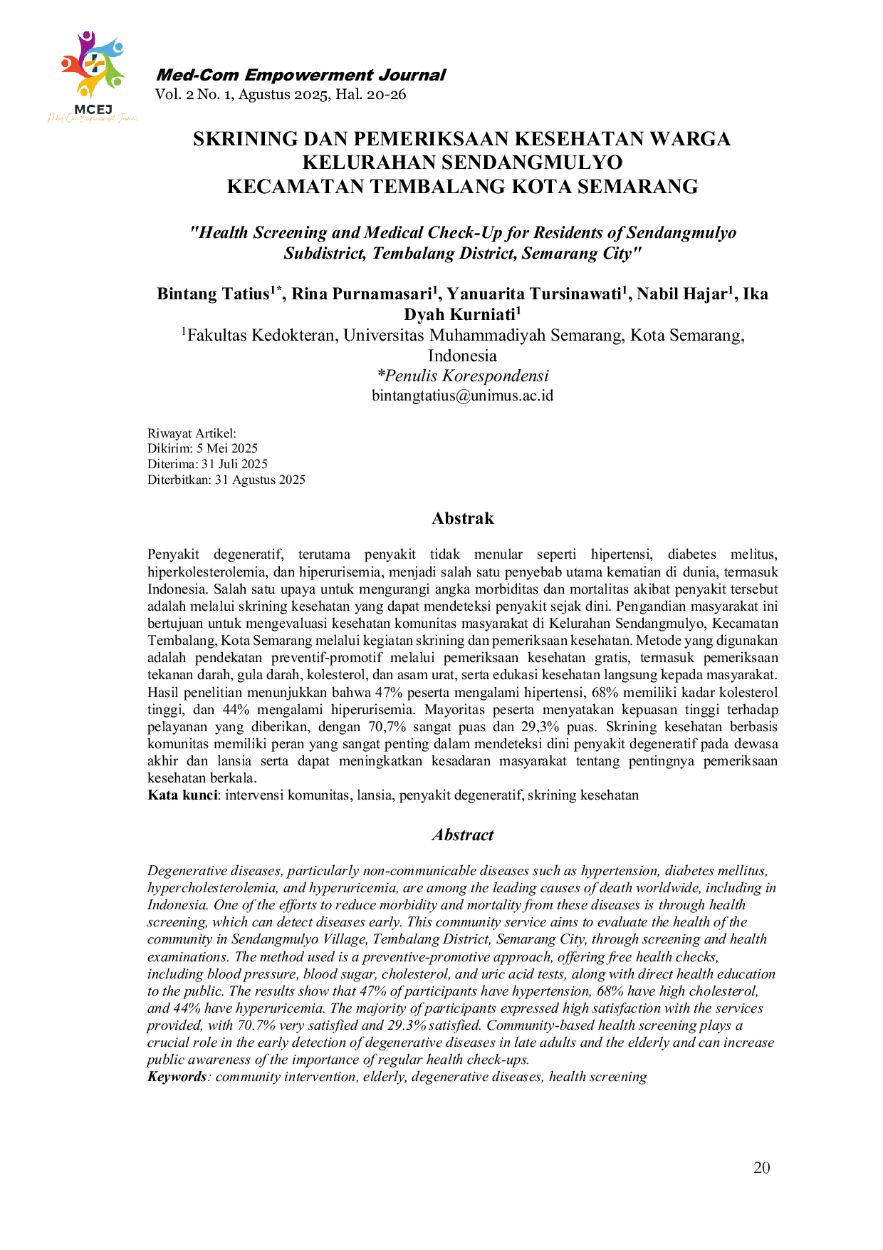 JURIS Skrining Dan Pemeriksaan Kesehatan Warga Kelurahan Sendangmulyo Kecamatan Tembalang Kota Semarang