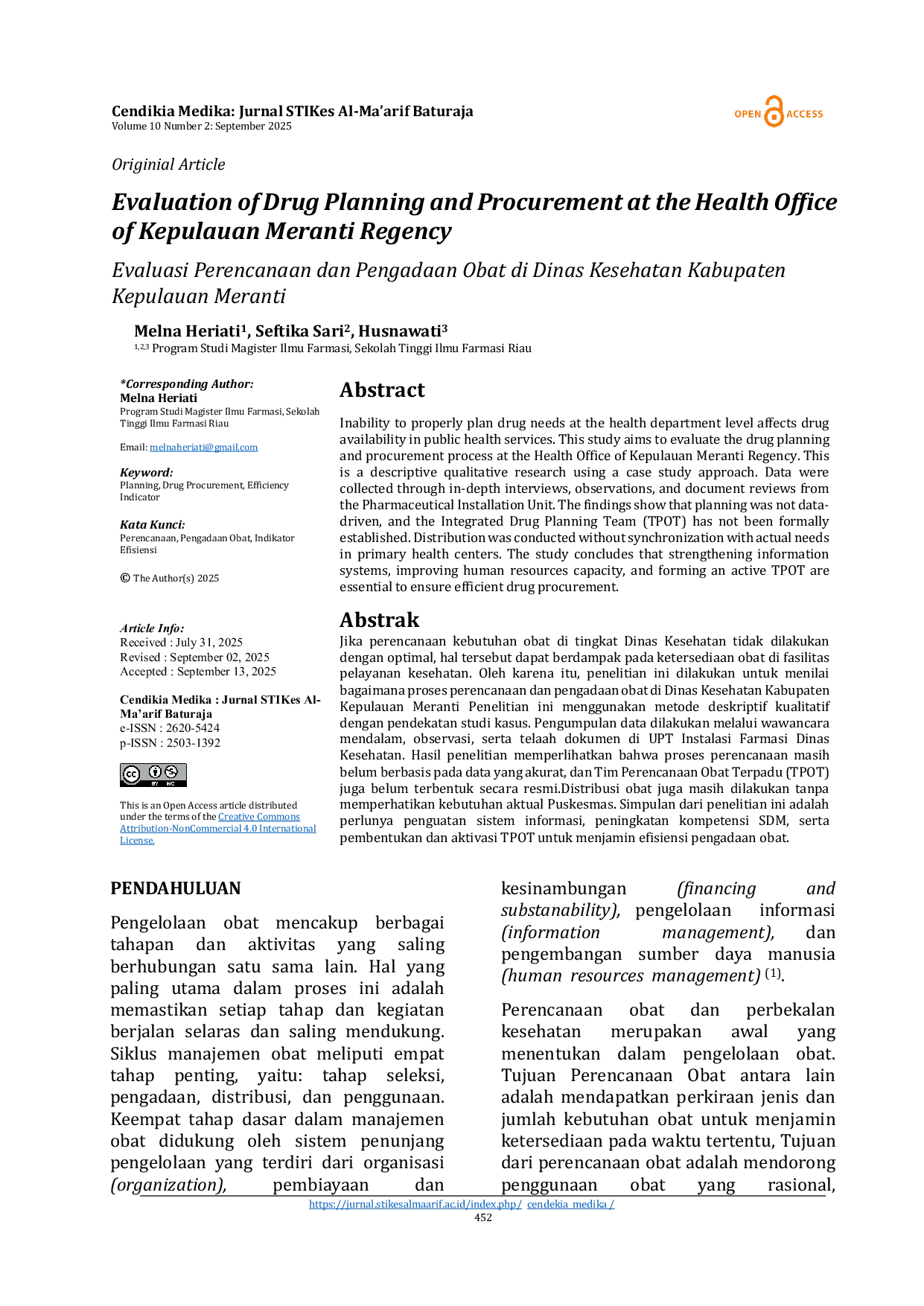 JURIS Evaluasi Perencanaan dan Pengadaan Obat di Dinas Kesehatan Kabupaten Kepulauan Meranti