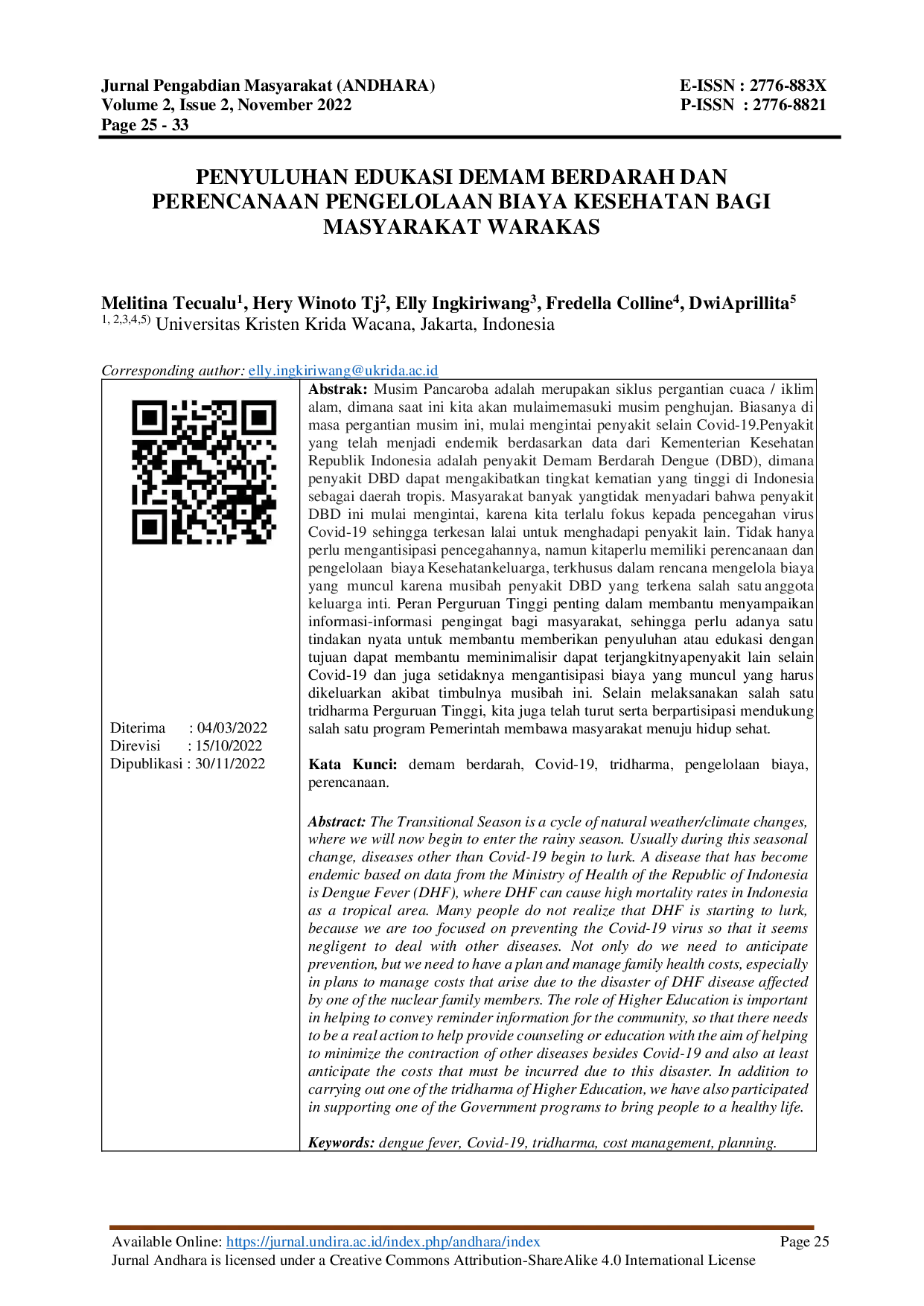 JURIS Penyuluhan Edukasi Demam Berdarah Dan Perencanaan Pengelolaan Biaya Kesehatan Bagi Masyarakat Warakas