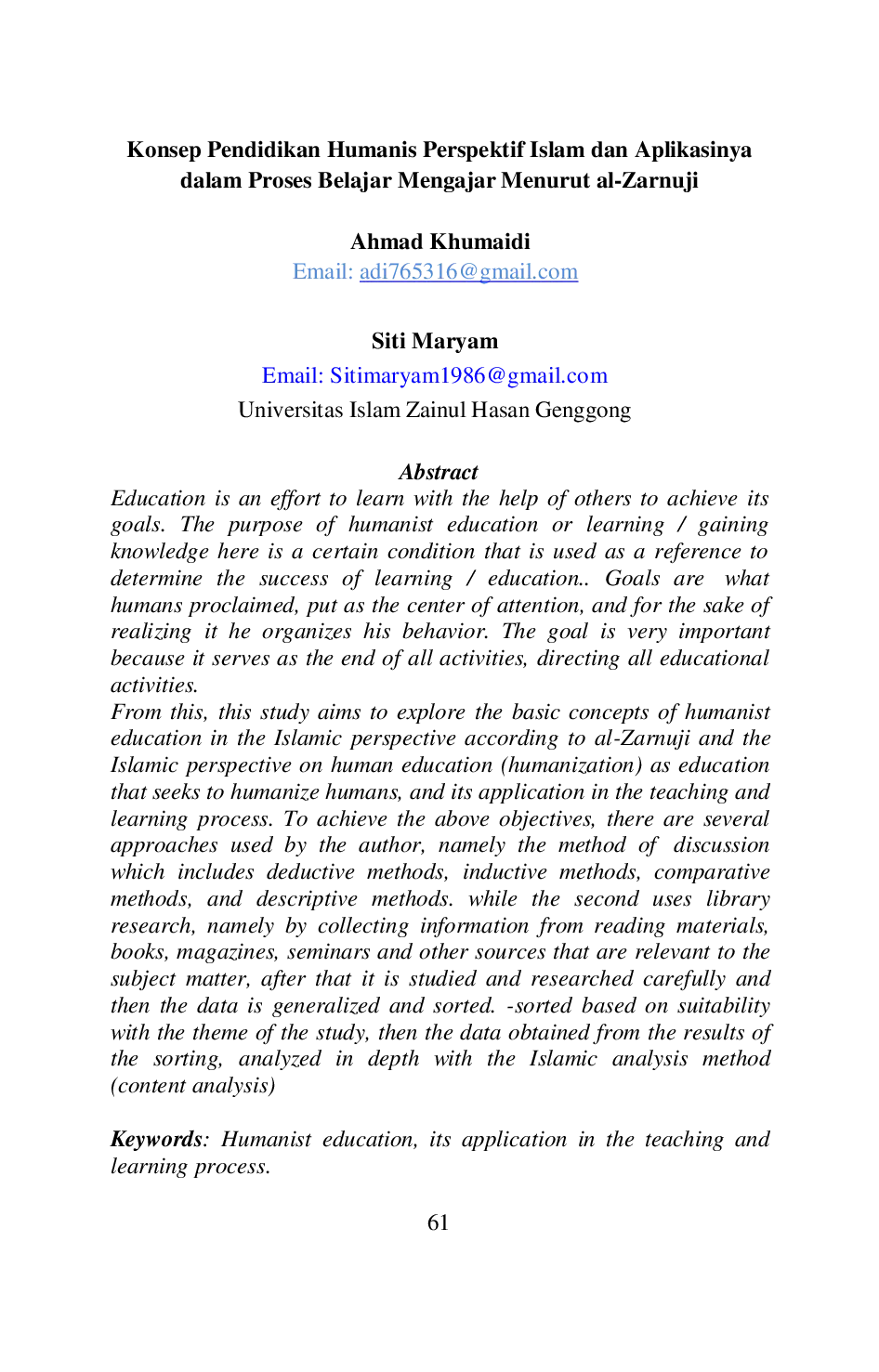 JURIS Konsep Pendidikan Humanis Perspektif Islam Dan Aplikasinya Dalam Proses Belajar Mengajar Menurut AlAcZarnuji